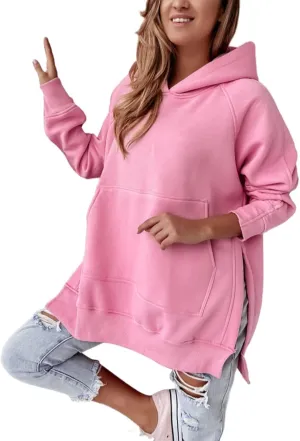 Women's Side Split Oversized Hoodies Sweatshirts Raglan Loose Fit Casual Solid Long Sleeve Pullover Tops with Kangroo Pocket