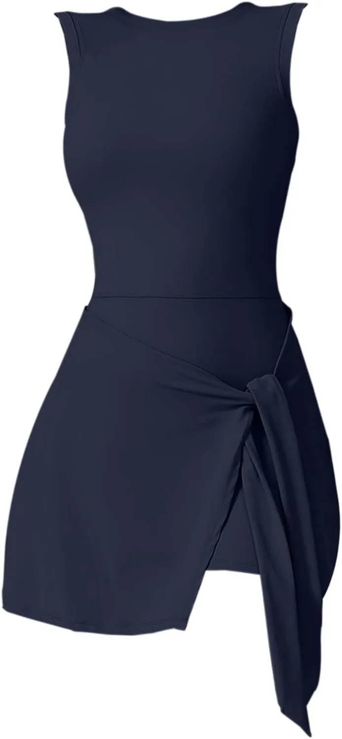 Women's Sports Tank Romper Sleeveless Workout Mini Dress Solid Knot Wrap High Elasticity Gym Yoga Running Outfits
