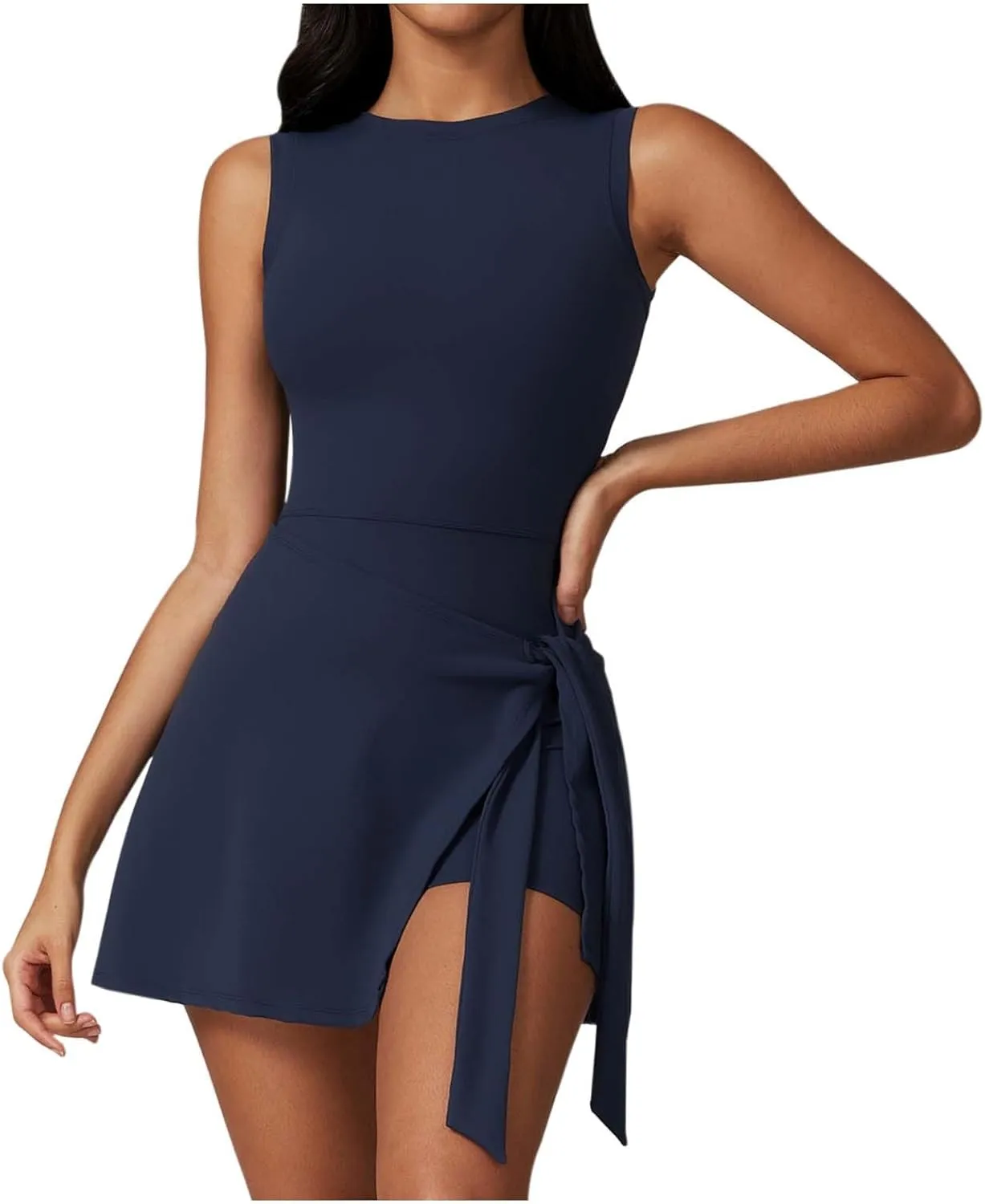 Women's Sports Tank Romper Sleeveless Workout Mini Dress Solid Knot Wrap High Elasticity Gym Yoga Running Outfits