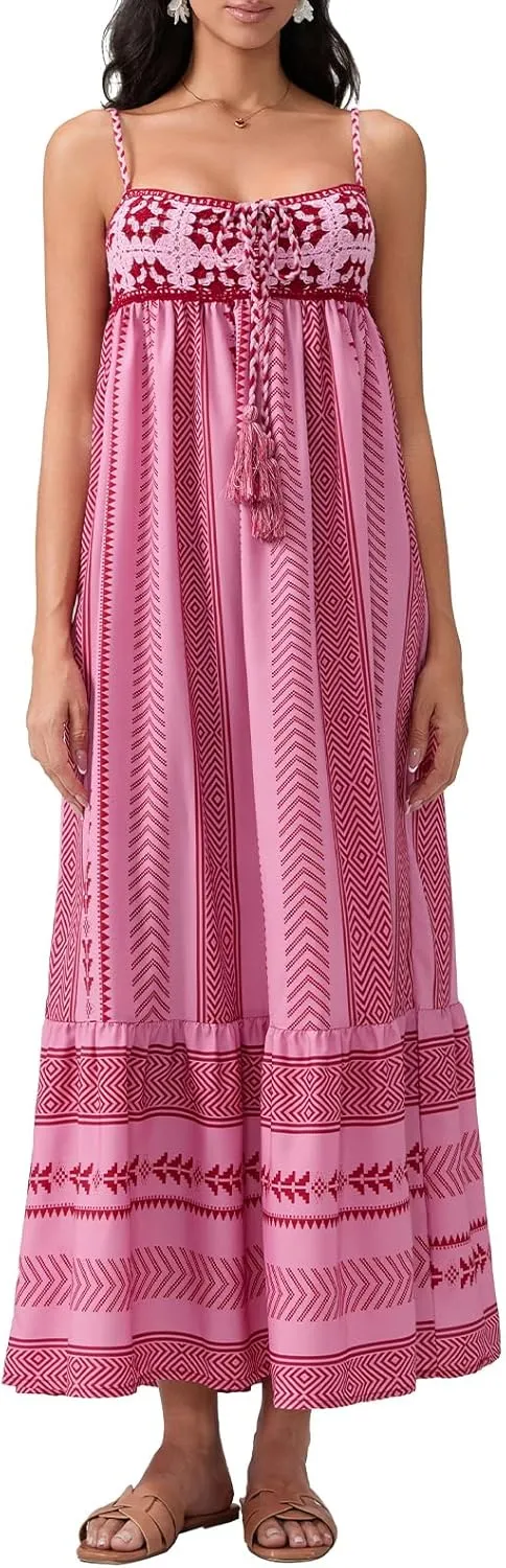 Women's Summer Beach Boho Dress Casual Floral Spaghetti Strap Square Neck Long Maxi Sun Dresses