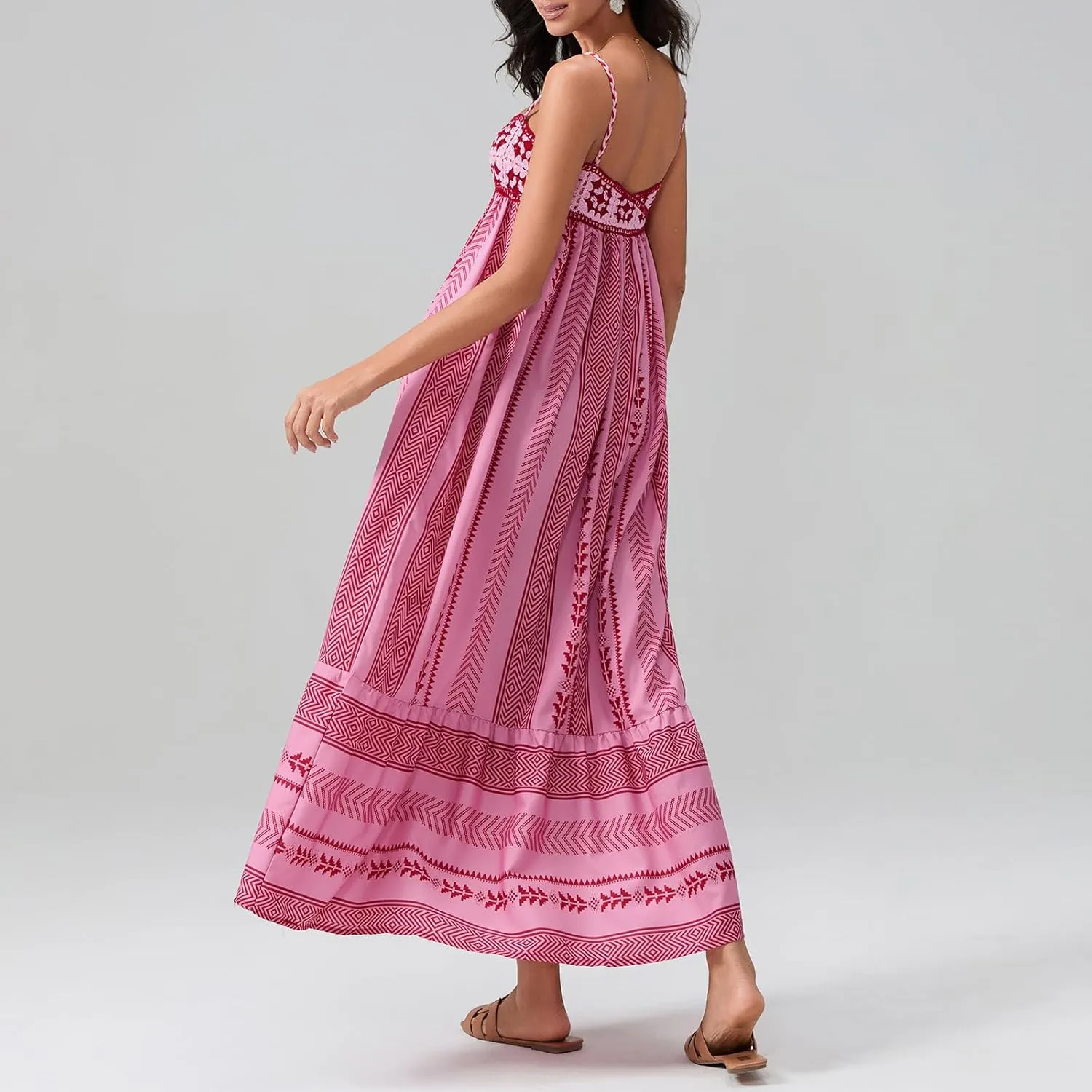 Women's Summer Beach Boho Dress Casual Floral Spaghetti Strap Square Neck Long Maxi Sun Dresses