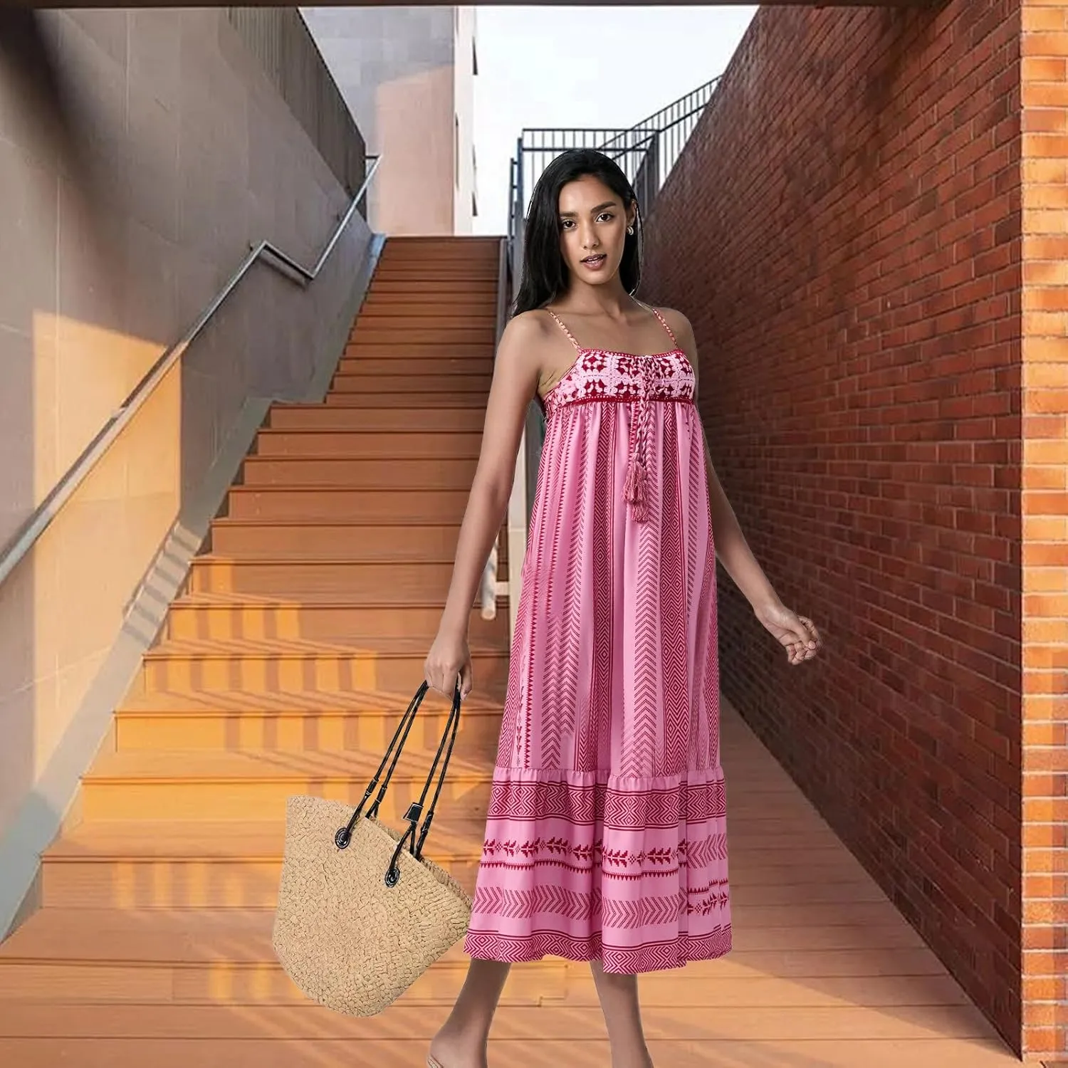 Women's Summer Beach Boho Dress Casual Floral Spaghetti Strap Square Neck Long Maxi Sun Dresses