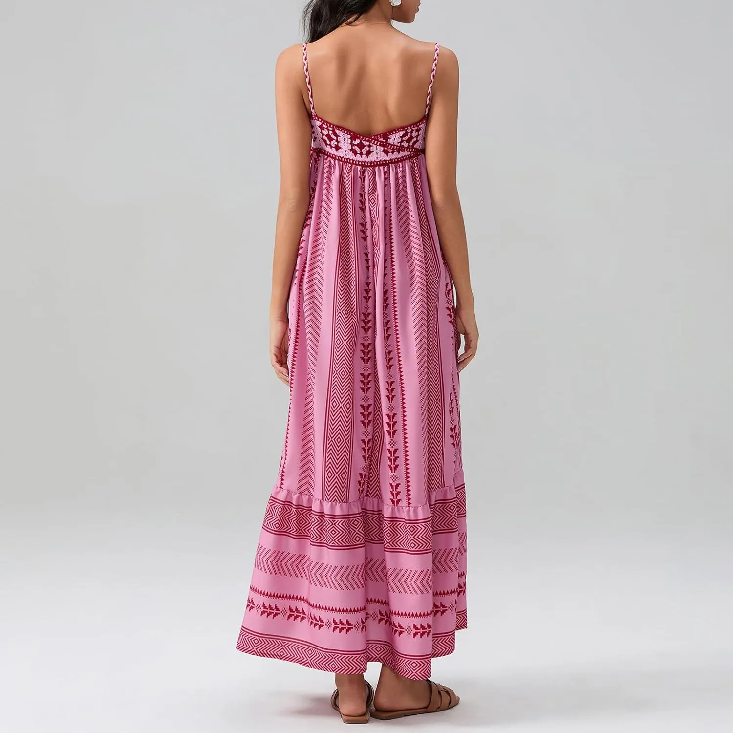 Women's Summer Beach Boho Dress Casual Floral Spaghetti Strap Square Neck Long Maxi Sun Dresses