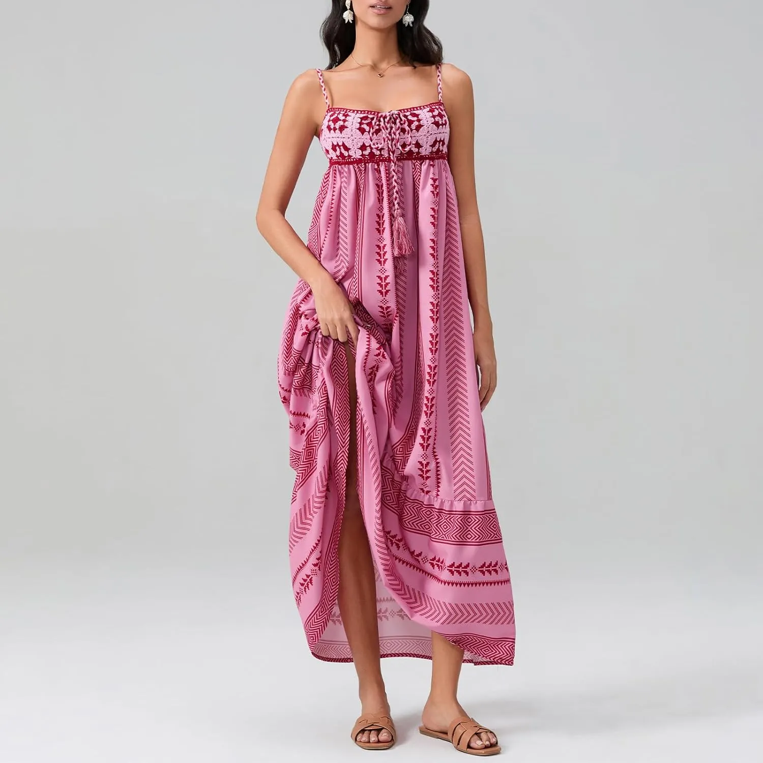 Women's Summer Beach Boho Dress Casual Floral Spaghetti Strap Square Neck Long Maxi Sun Dresses