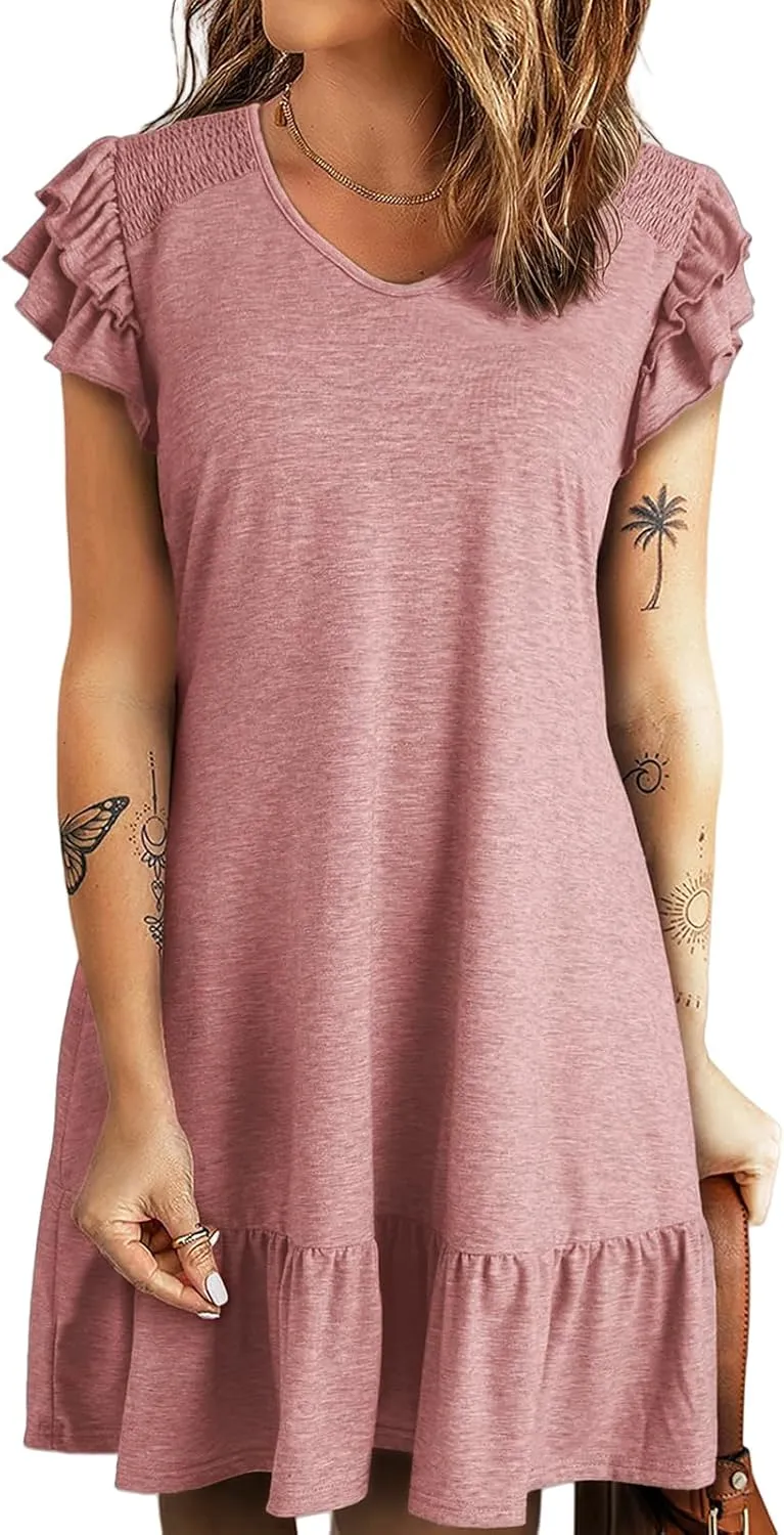 Women's Summer Mini Dresses V Neck Ruffle Short Sleeve Dress Casual Loose A-Line Swing Mini Dress Sundress 2025