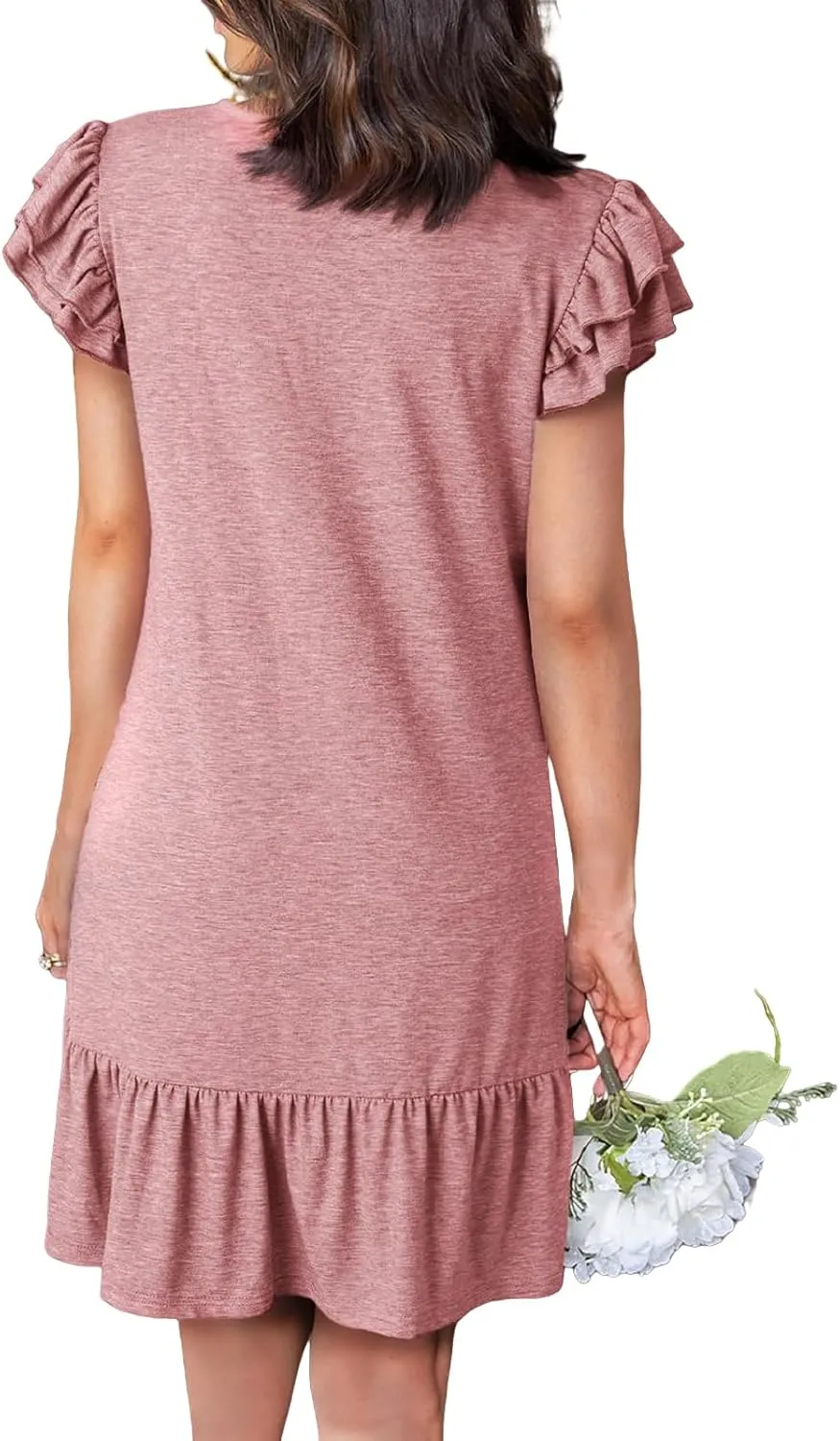 Women's Summer Mini Dresses V Neck Ruffle Short Sleeve Dress Casual Loose A-Line Swing Mini Dress Sundress 2025