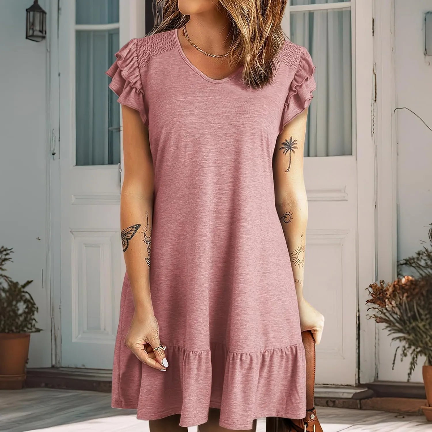 Women's Summer Mini Dresses V Neck Ruffle Short Sleeve Dress Casual Loose A-Line Swing Mini Dress Sundress 2025