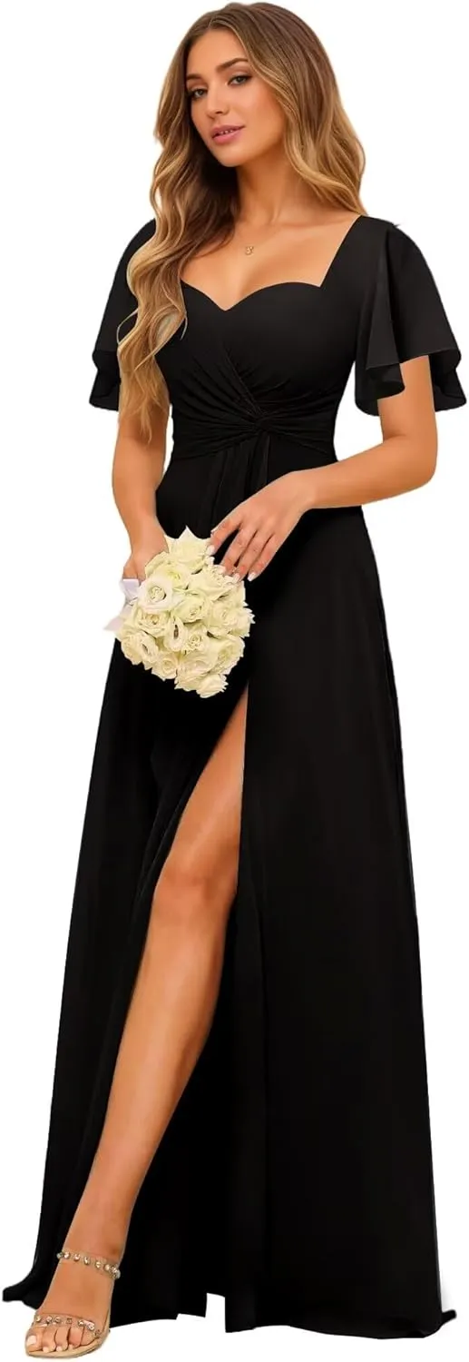 Women's Sweetheart Flutter Sleeves Bridesmaid Dresses with Slit A-line Short Sleeves Chiffon Formal Evening Dress