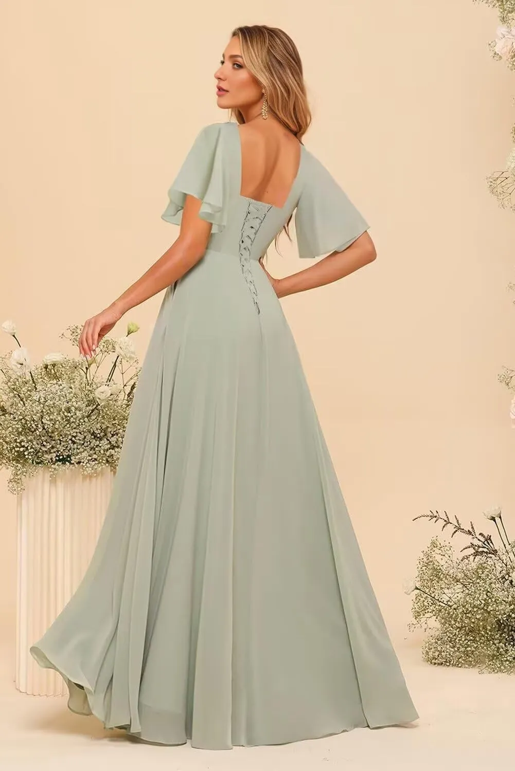 Women's Sweetheart Flutter Sleeves Bridesmaid Dresses with Slit A-line Short Sleeves Chiffon Formal Evening Dress