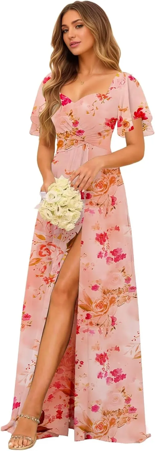 Women's Sweetheart Flutter Sleeves Bridesmaid Dresses with Slit A-line Short Sleeves Chiffon Formal Evening Dress