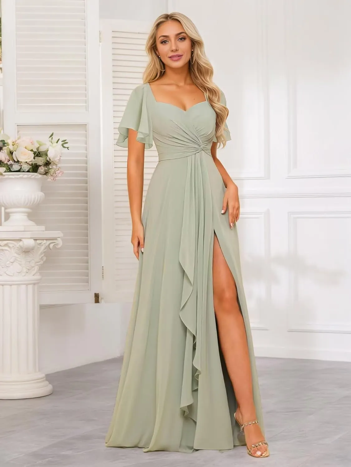 Women's Sweetheart Flutter Sleeves Bridesmaid Dresses with Slit A-line Short Sleeves Chiffon Formal Evening Dress