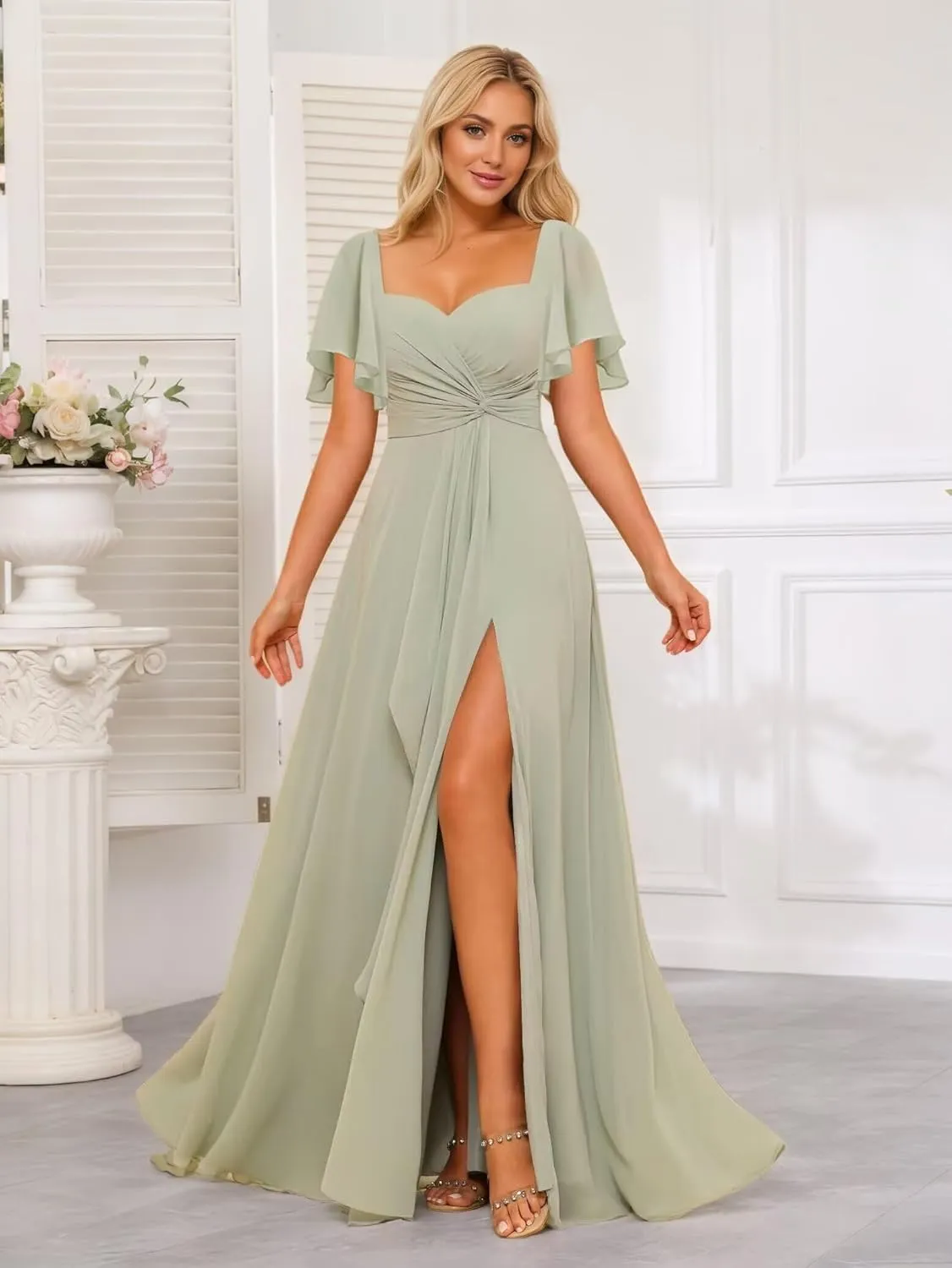 Women's Sweetheart Flutter Sleeves Bridesmaid Dresses with Slit A-line Short Sleeves Chiffon Formal Evening Dress