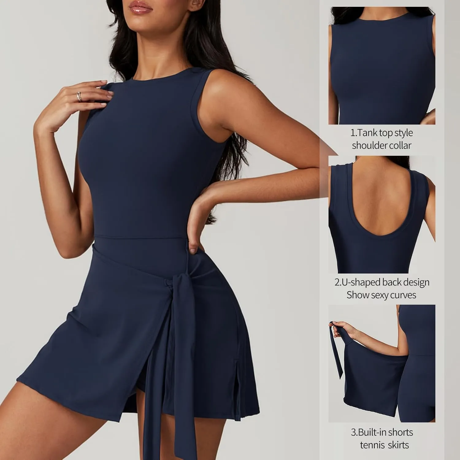 Women's Tennis Dress with Sleeveless Wrap Skirt Built in Shorts Golf Athletic Dress Workout Rompers