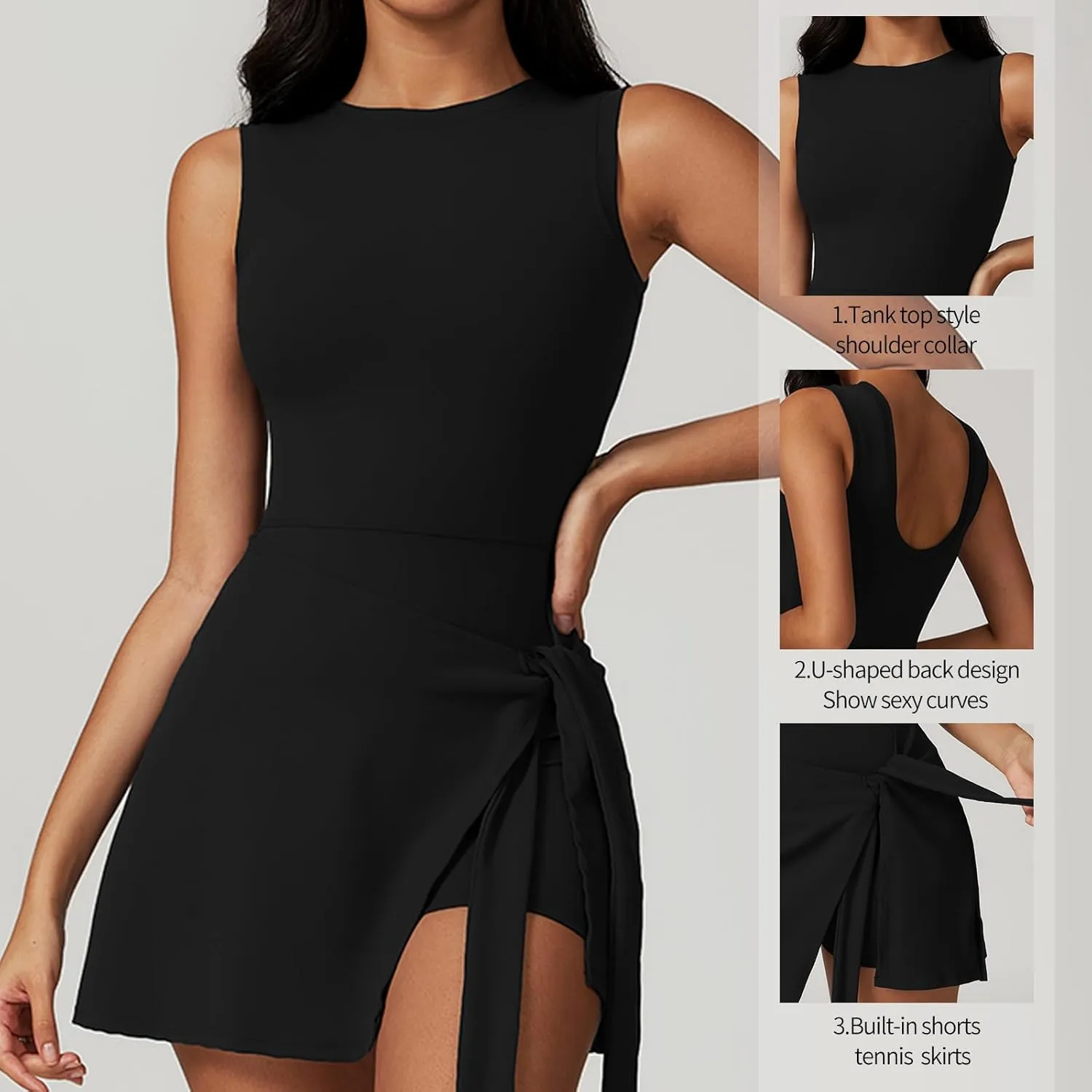 Women's Tennis Dress with Sleeveless Wrap Skirt Built in Shorts Golf Athletic Dress Workout Rompers
