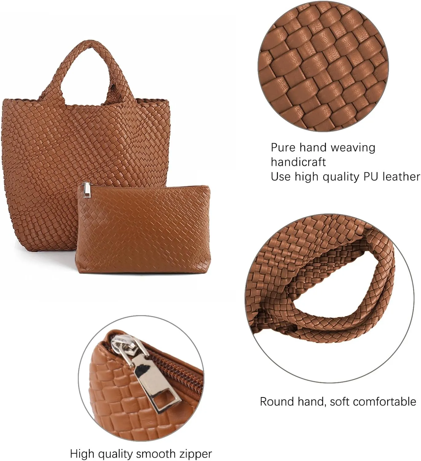 Women's Vegan Leather Tote Bag  Handmade Woven Beach Bag, Travel Handbag with Purse & Top Handle Hobo Tote