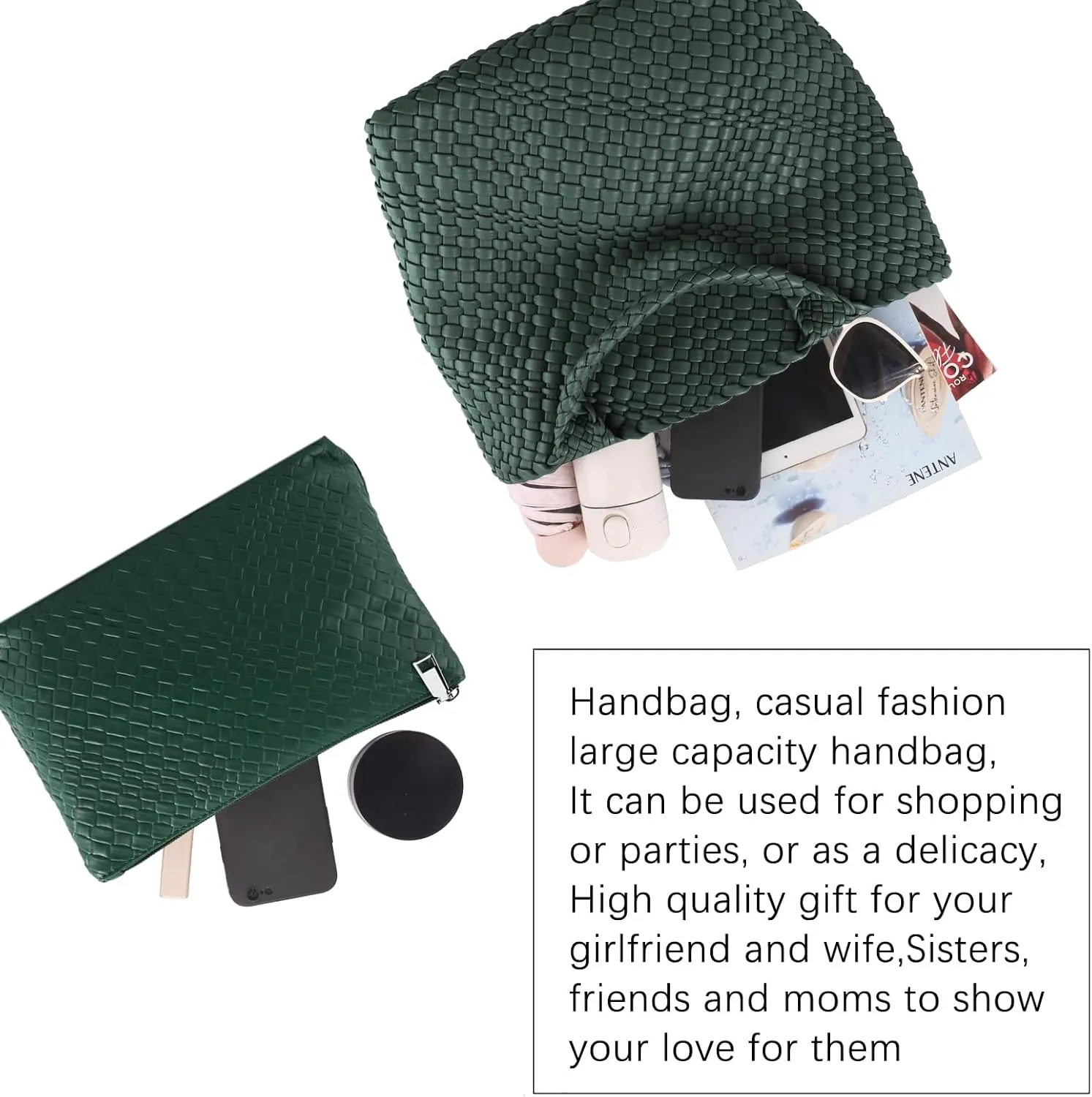 Women's Vegan Leather Tote Bag  Handmade Woven Beach Bag, Travel Handbag with Purse & Top Handle Hobo Tote