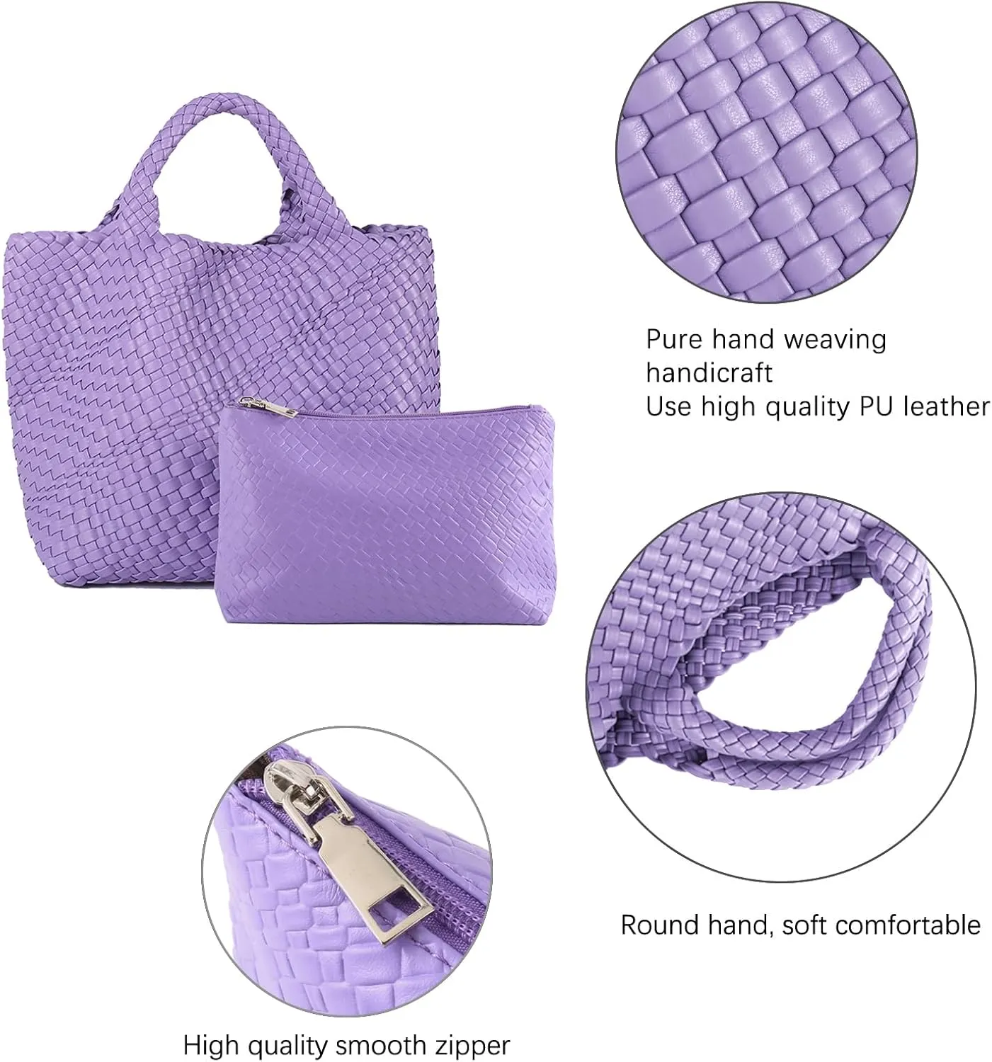 Women's Vegan Leather Tote Bag  Handmade Woven Beach Bag, Travel Handbag with Purse & Top Handle Hobo Tote