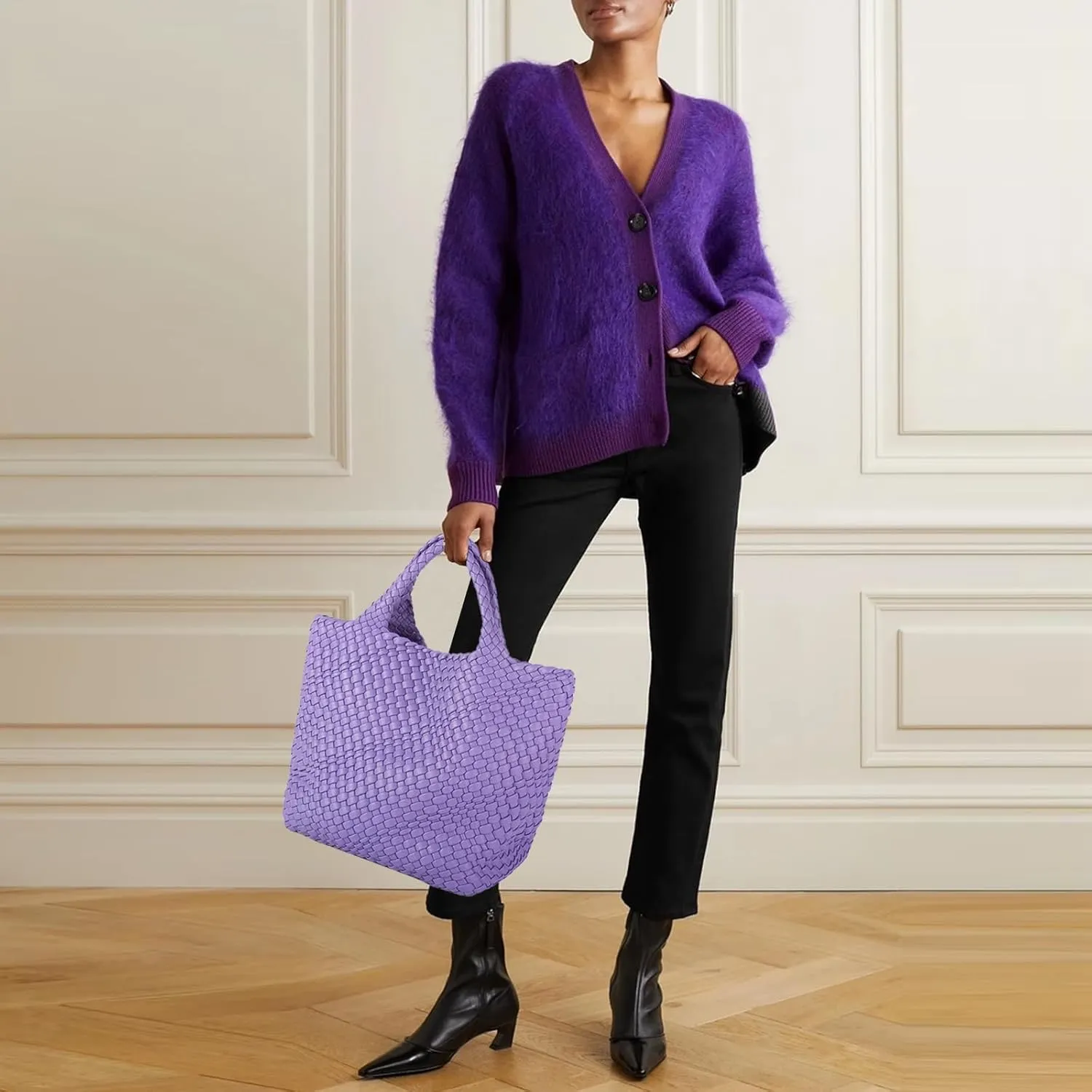 Women's Vegan Leather Tote Bag  Handmade Woven Beach Bag, Travel Handbag with Purse & Top Handle Hobo Tote