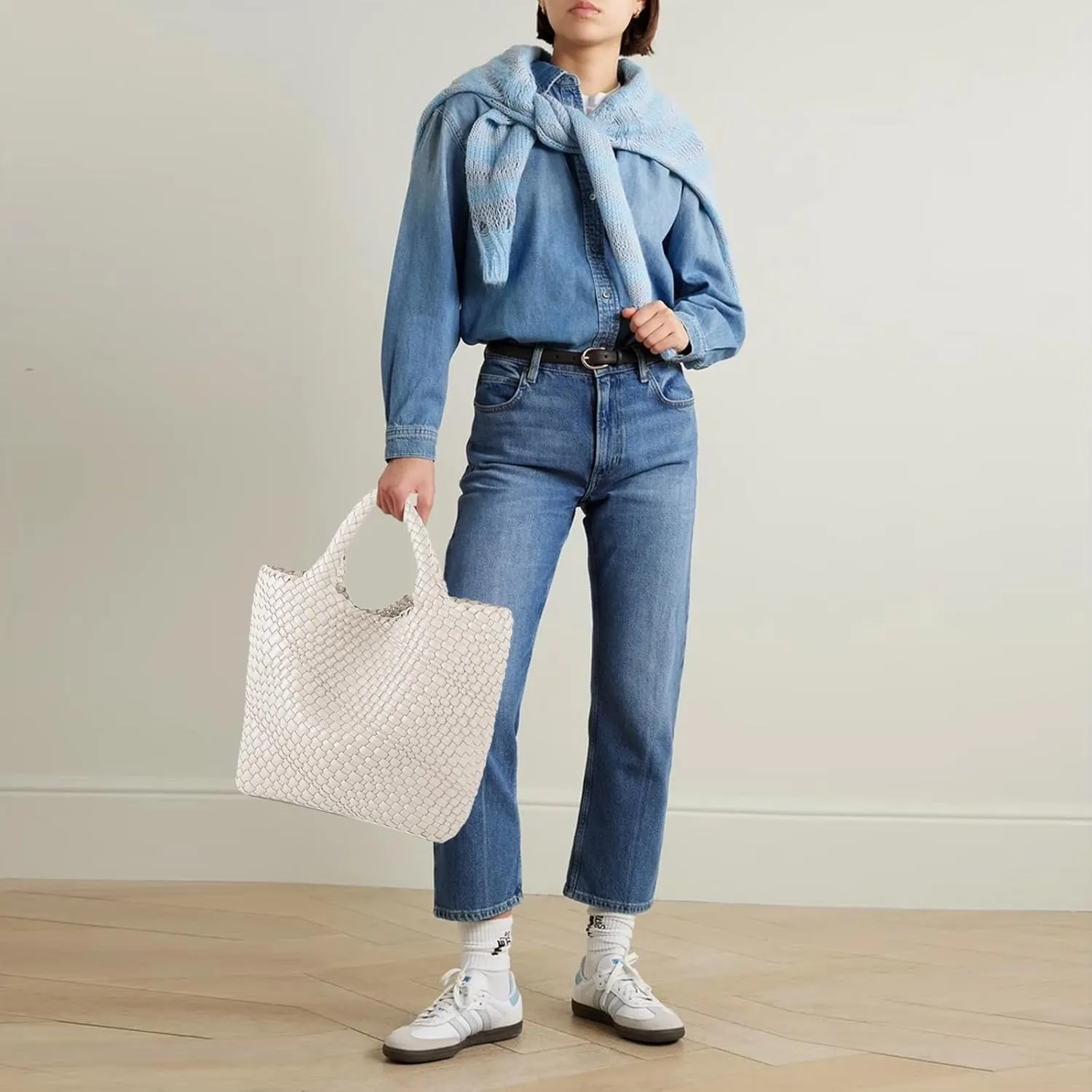 Women's Vegan Leather Tote Bag  Handmade Woven Beach Bag, Travel Handbag with Purse & Top Handle Hobo Tote