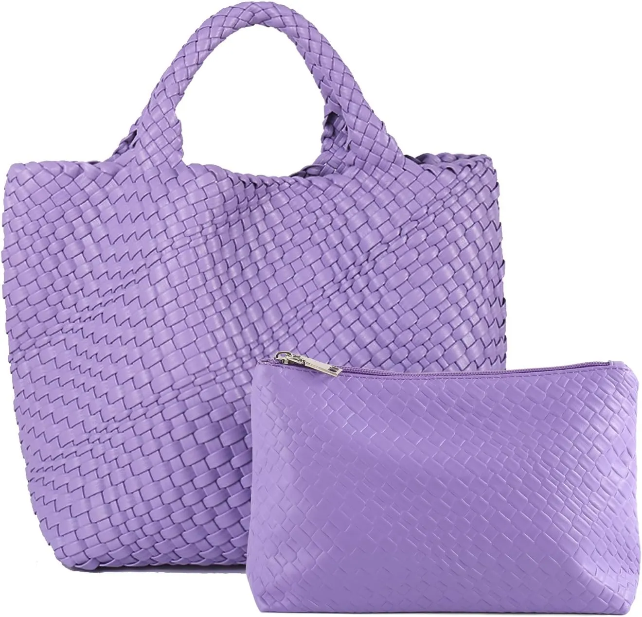 Women's Vegan Leather Tote Bag  Handmade Woven Beach Bag, Travel Handbag with Purse & Top Handle Hobo Tote