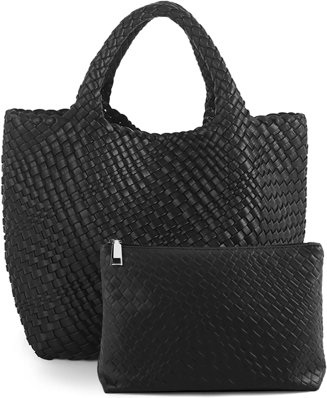 Women's Vegan Leather Tote Bag  Handmade Woven Beach Bag, Travel Handbag with Purse & Top Handle Hobo Tote