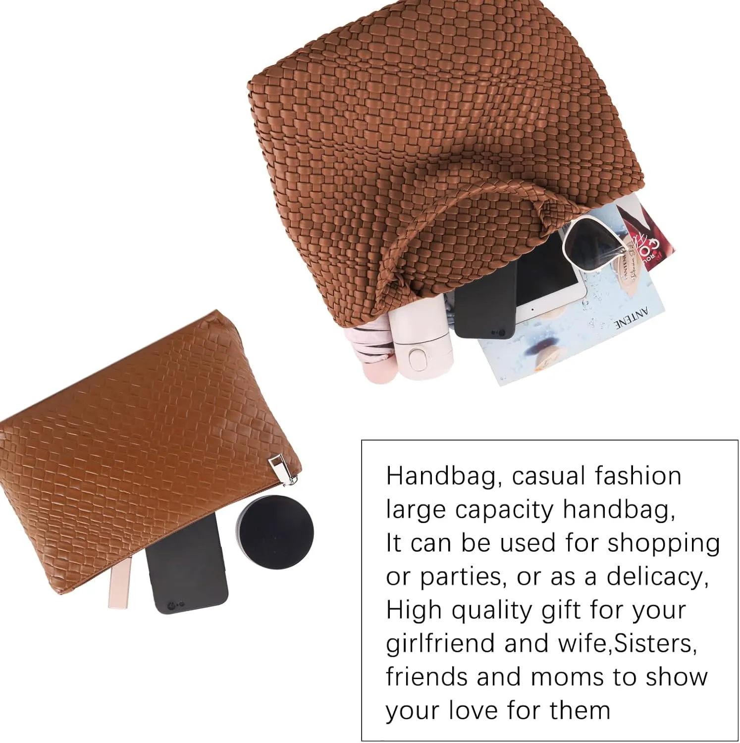 Women's Vegan Leather Tote Bag  Handmade Woven Beach Bag, Travel Handbag with Purse & Top Handle Hobo Tote