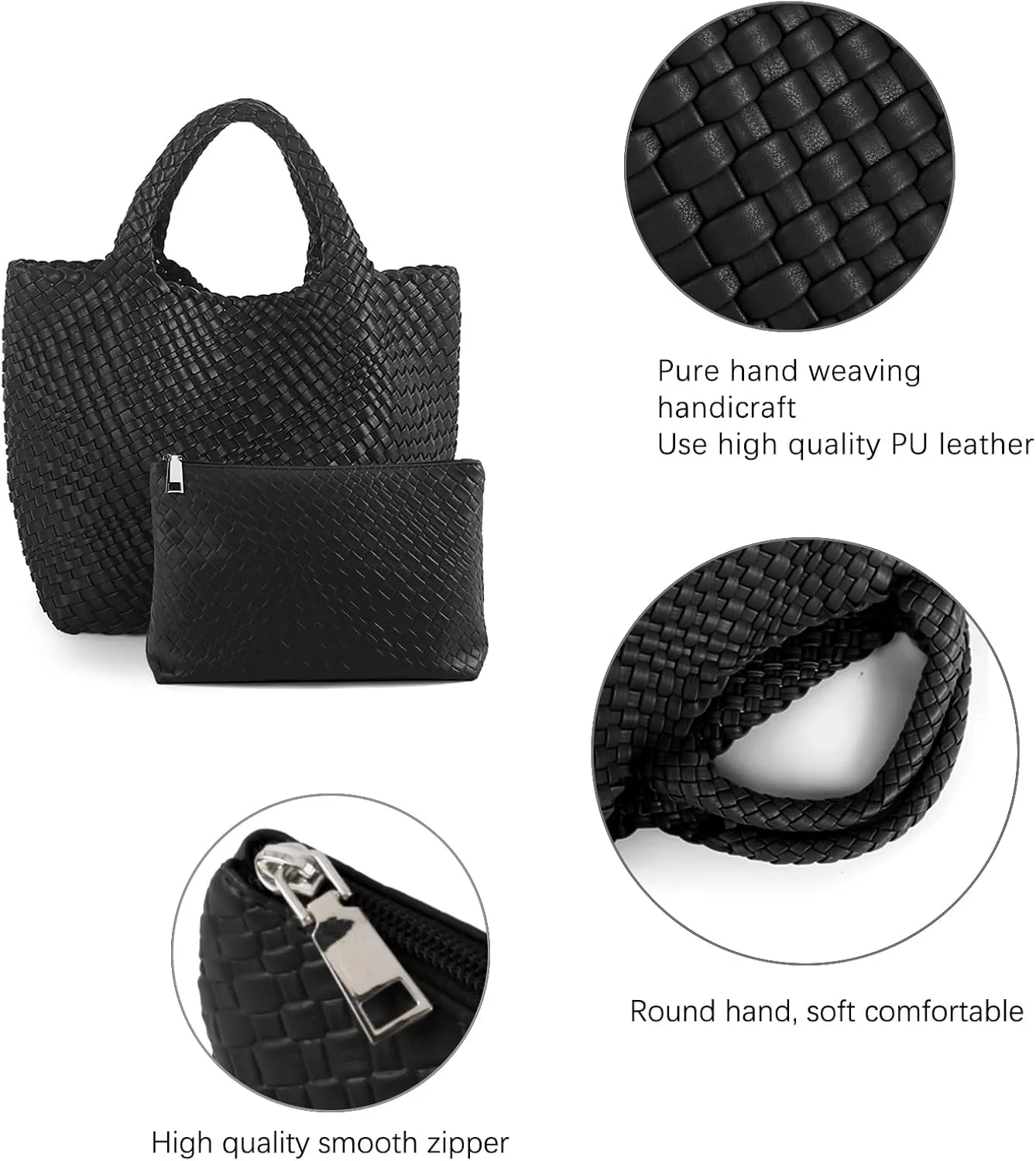 Women's Vegan Leather Tote Bag  Handmade Woven Beach Bag, Travel Handbag with Purse & Top Handle Hobo Tote