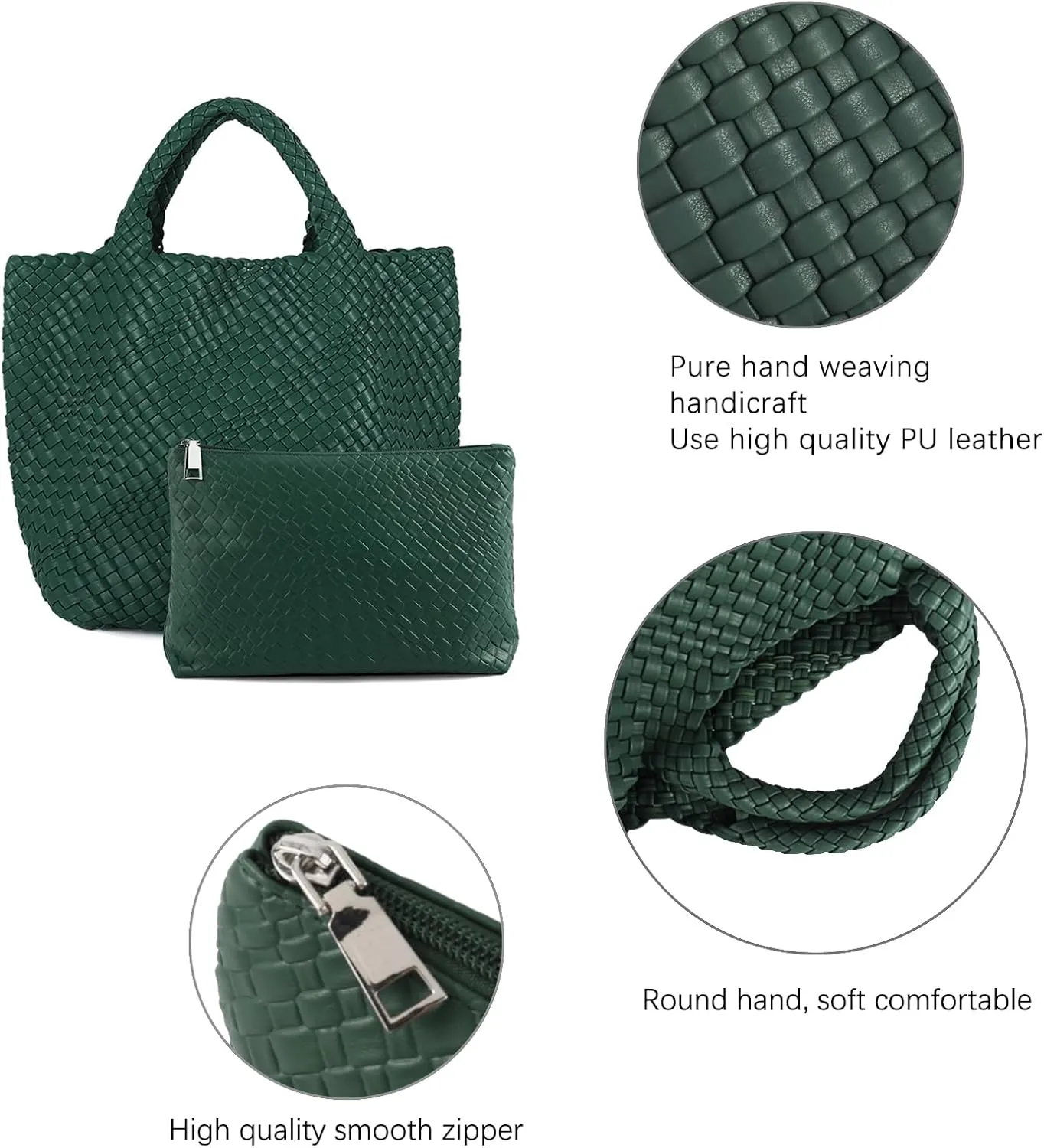 Women's Vegan Leather Tote Bag  Handmade Woven Beach Bag, Travel Handbag with Purse & Top Handle Hobo Tote