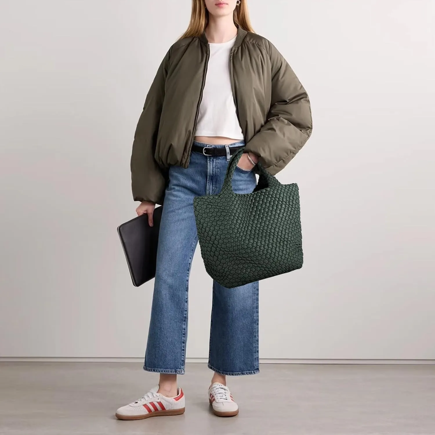 Women's Vegan Leather Tote Bag  Handmade Woven Beach Bag, Travel Handbag with Purse & Top Handle Hobo Tote