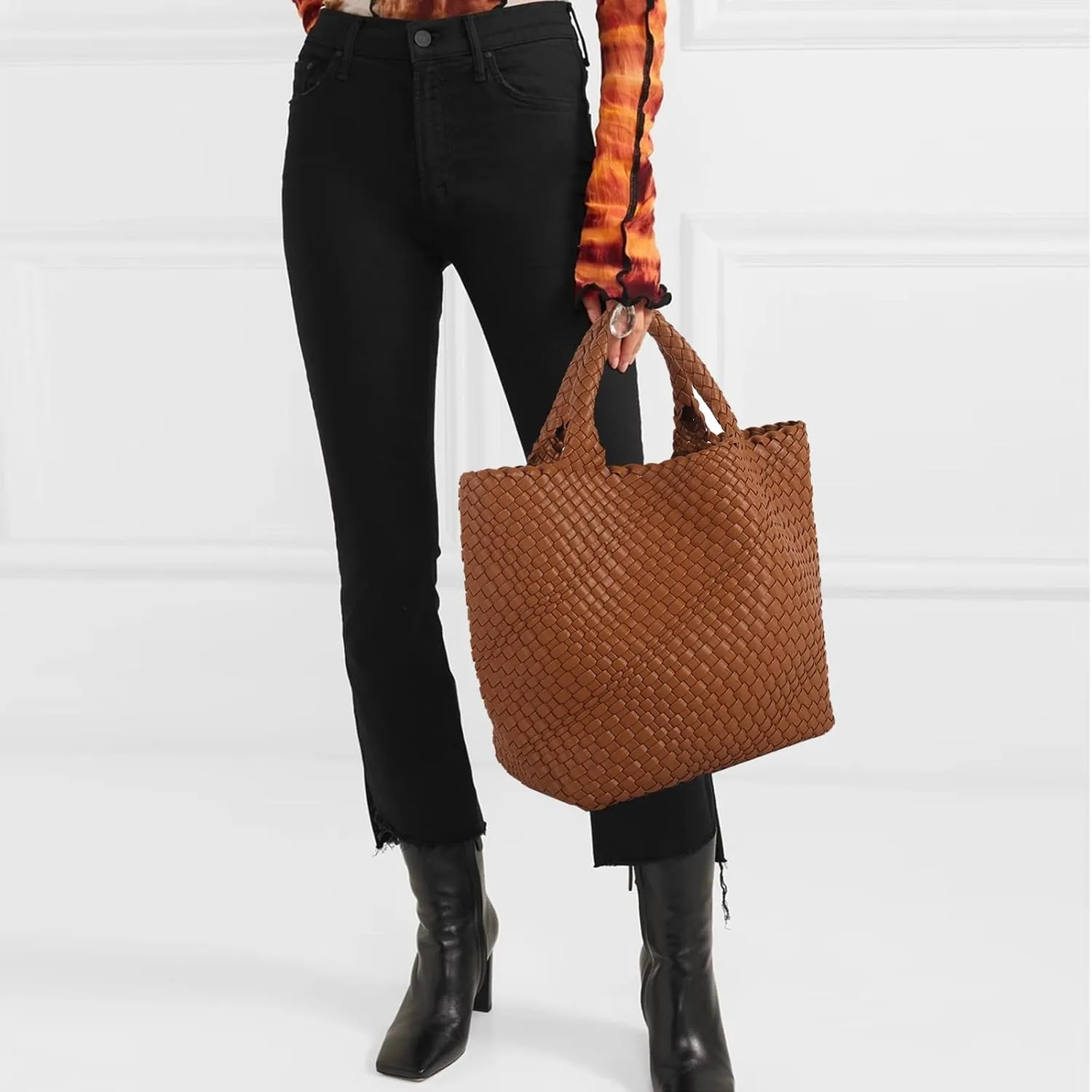 Women's Vegan Leather Tote Bag  Handmade Woven Beach Bag, Travel Handbag with Purse & Top Handle Hobo Tote