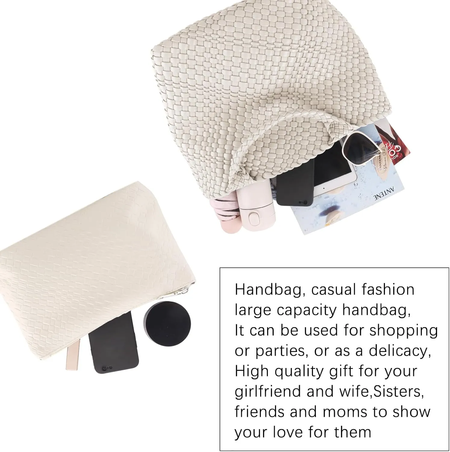 Women's Vegan Leather Tote Bag  Handmade Woven Beach Bag, Travel Handbag with Purse & Top Handle Hobo Tote