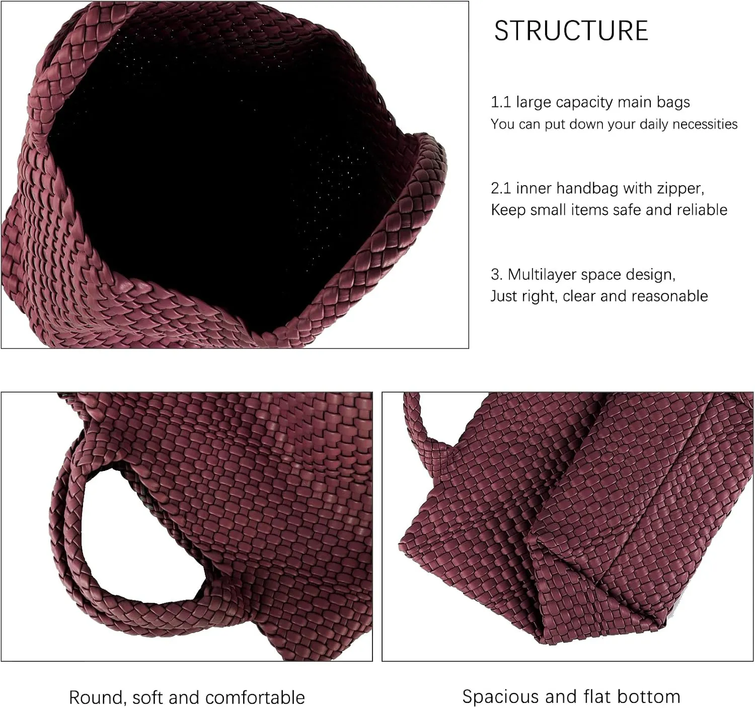 Women's Vegan Leather Tote Bag  Handmade Woven Beach Bag, Travel Handbag with Purse & Top Handle Hobo Tote