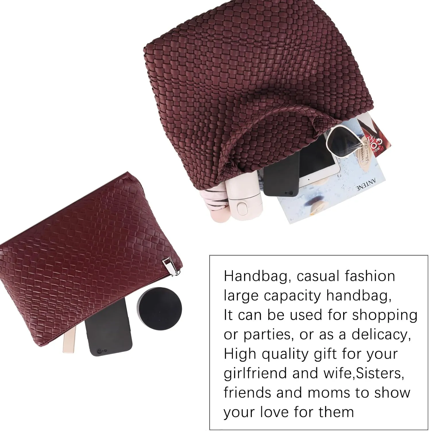 Women's Vegan Leather Tote Bag  Handmade Woven Beach Bag, Travel Handbag with Purse & Top Handle Hobo Tote