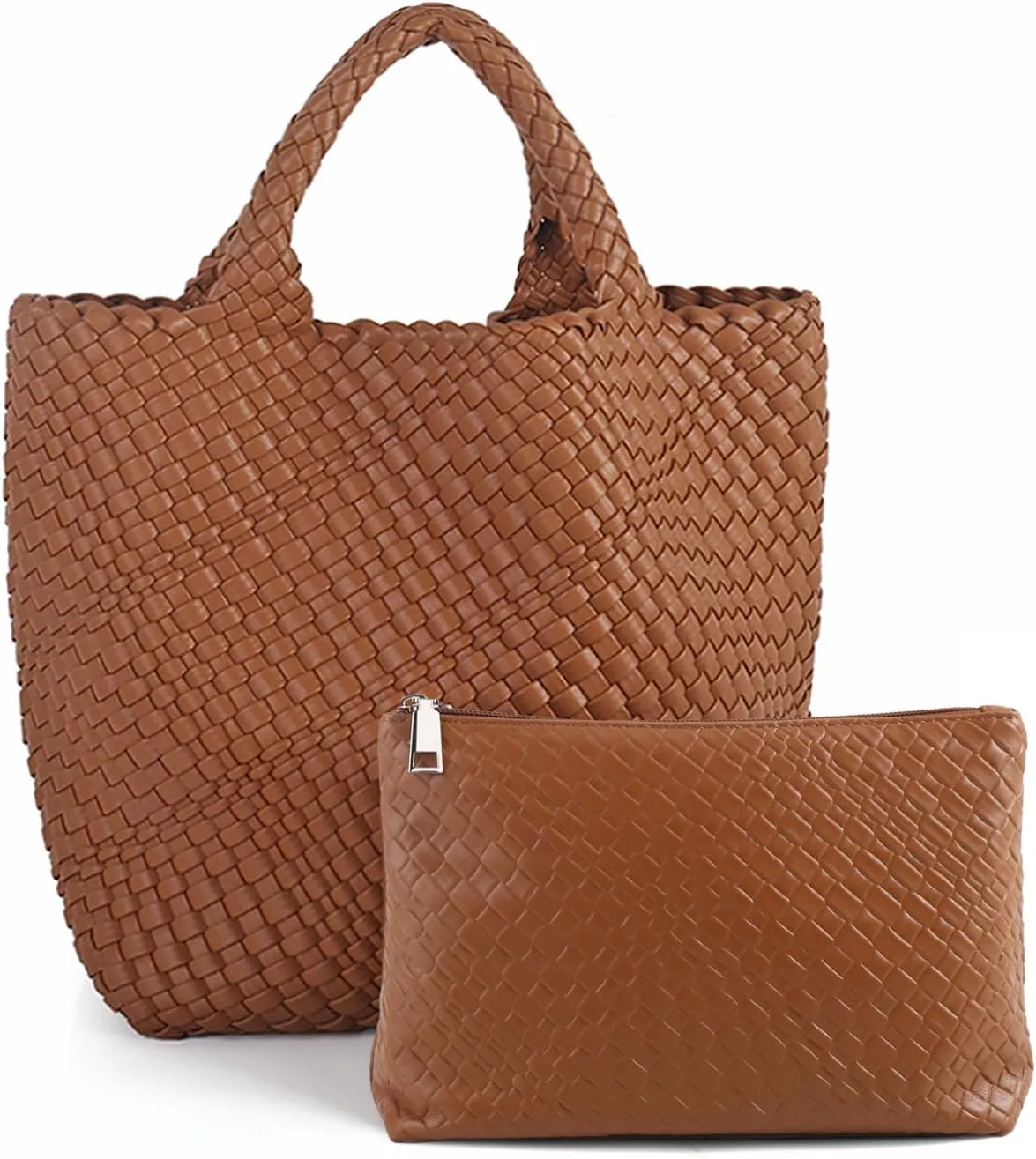 Women's Vegan Leather Tote Bag  Handmade Woven Beach Bag, Travel Handbag with Purse & Top Handle Hobo Tote