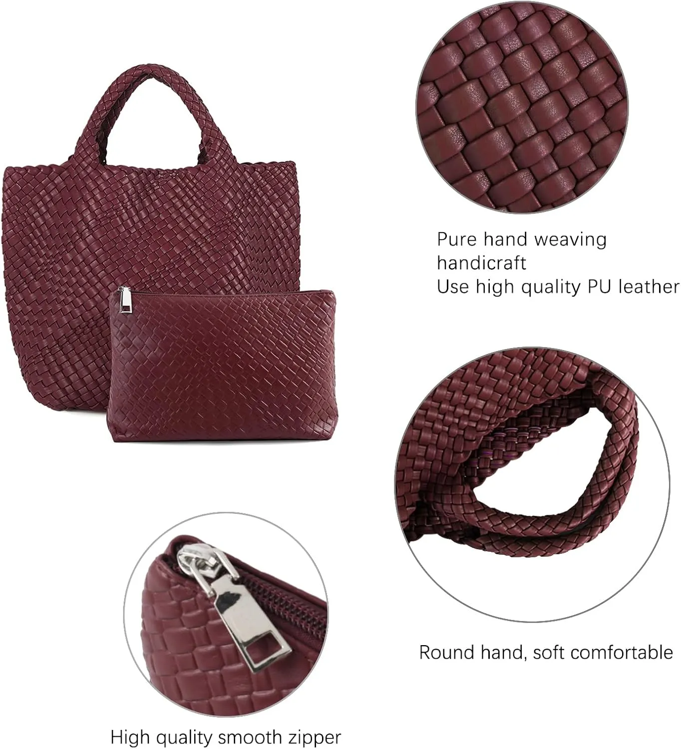 Women's Vegan Leather Tote Bag  Handmade Woven Beach Bag, Travel Handbag with Purse & Top Handle Hobo Tote