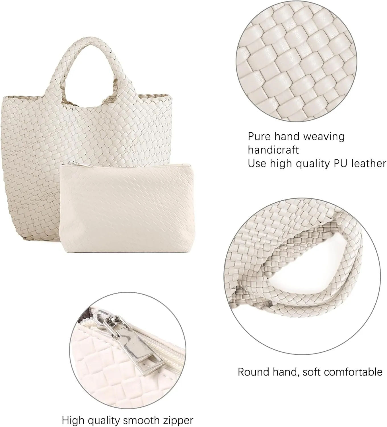 Women's Vegan Leather Tote Bag  Handmade Woven Beach Bag, Travel Handbag with Purse & Top Handle Hobo Tote