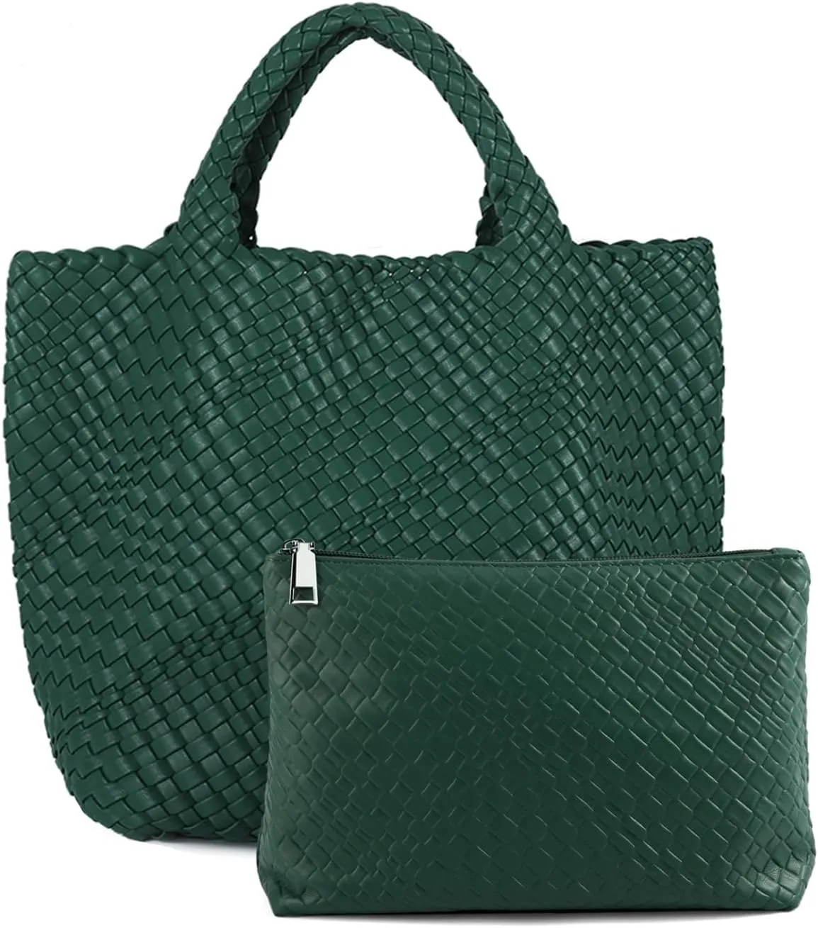 Women's Vegan Leather Tote Bag  Handmade Woven Beach Bag, Travel Handbag with Purse & Top Handle Hobo Tote