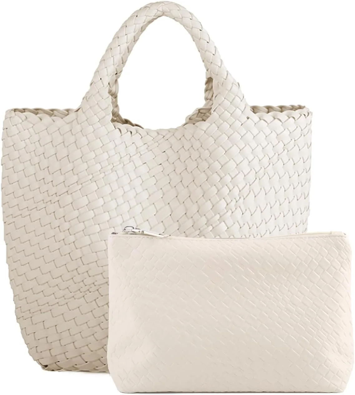 Women's Vegan Leather Tote Bag  Handmade Woven Beach Bag, Travel Handbag with Purse & Top Handle Hobo Tote