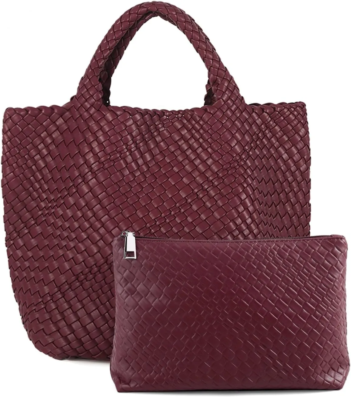 Women's Vegan Leather Tote Bag  Handmade Woven Beach Bag, Travel Handbag with Purse & Top Handle Hobo Tote