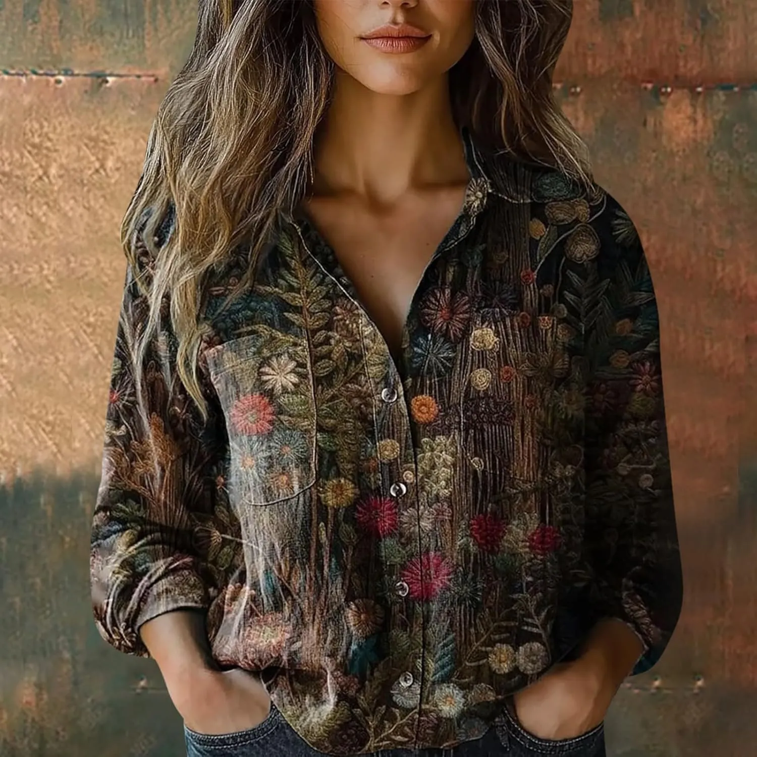Women's Vintage Floral Print Button Down Shirt Fashion Lightweight Linen Long Sleeve Blouse Boho Ethnic Casual Tops