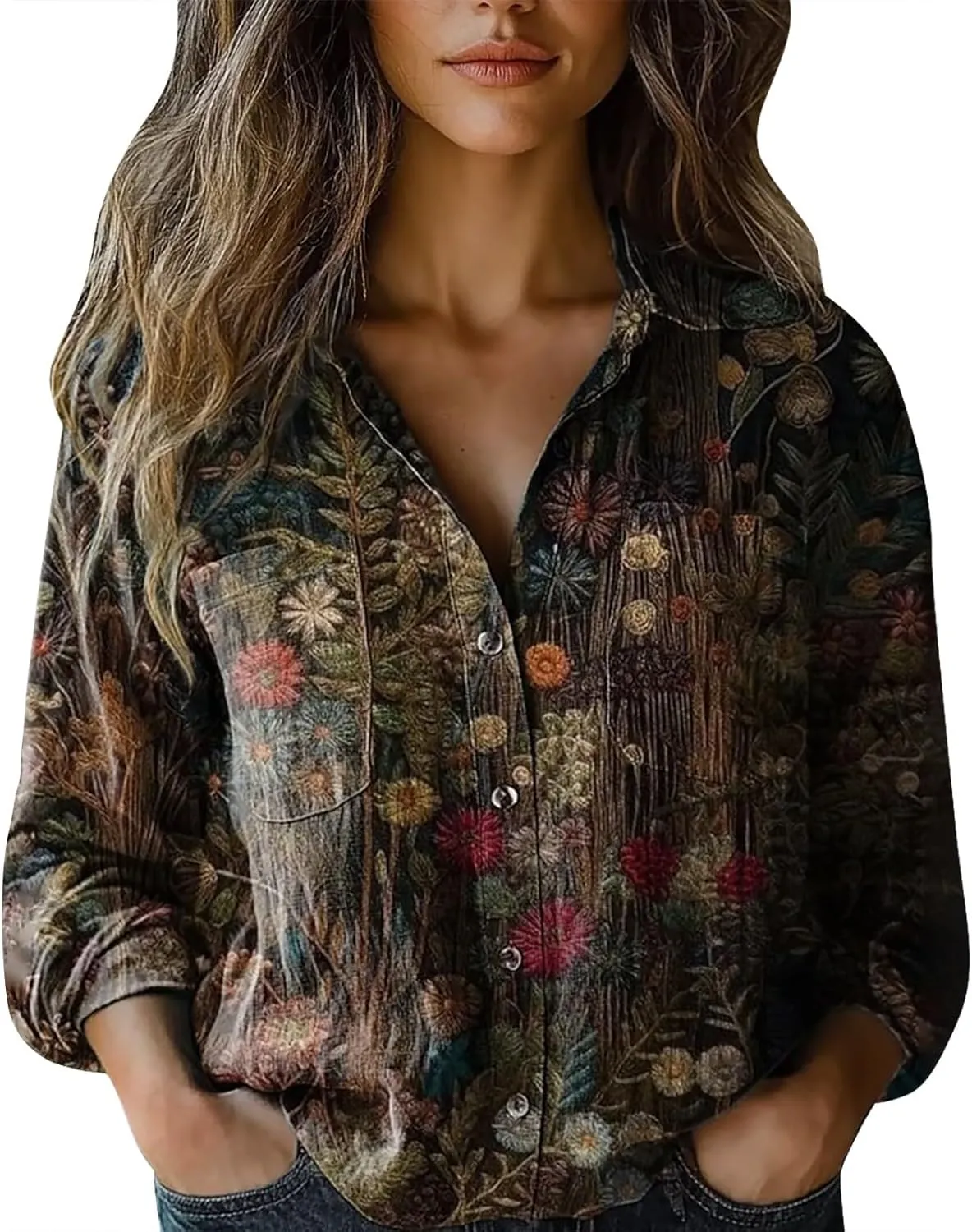 Women's Vintage Floral Print Button Down Shirt Fashion Lightweight Linen Long Sleeve Blouse Boho Ethnic Casual Tops