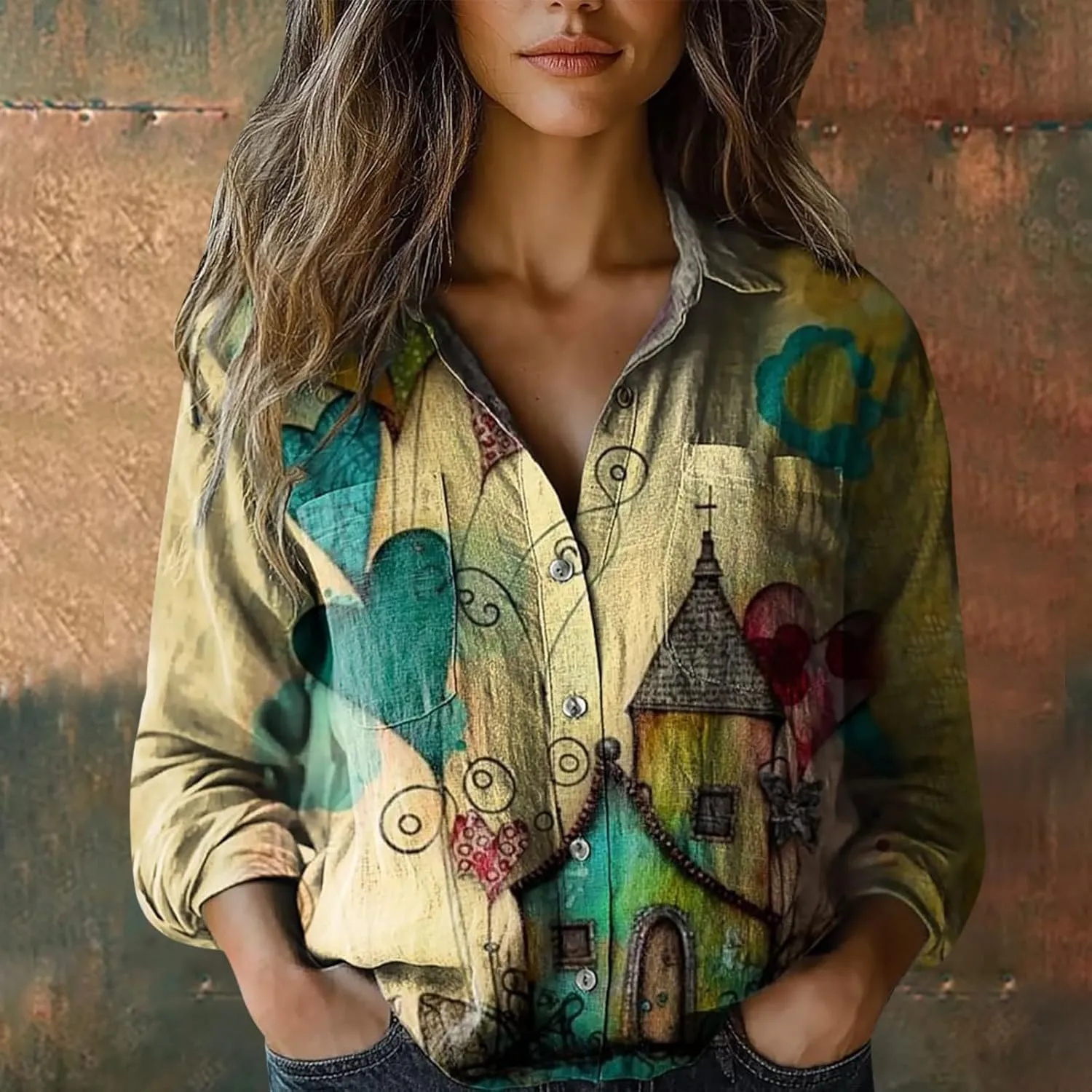 Women's Vintage Floral Print Button Down Shirt Fashion Lightweight Linen Long Sleeve Blouse Boho Ethnic Casual Tops
