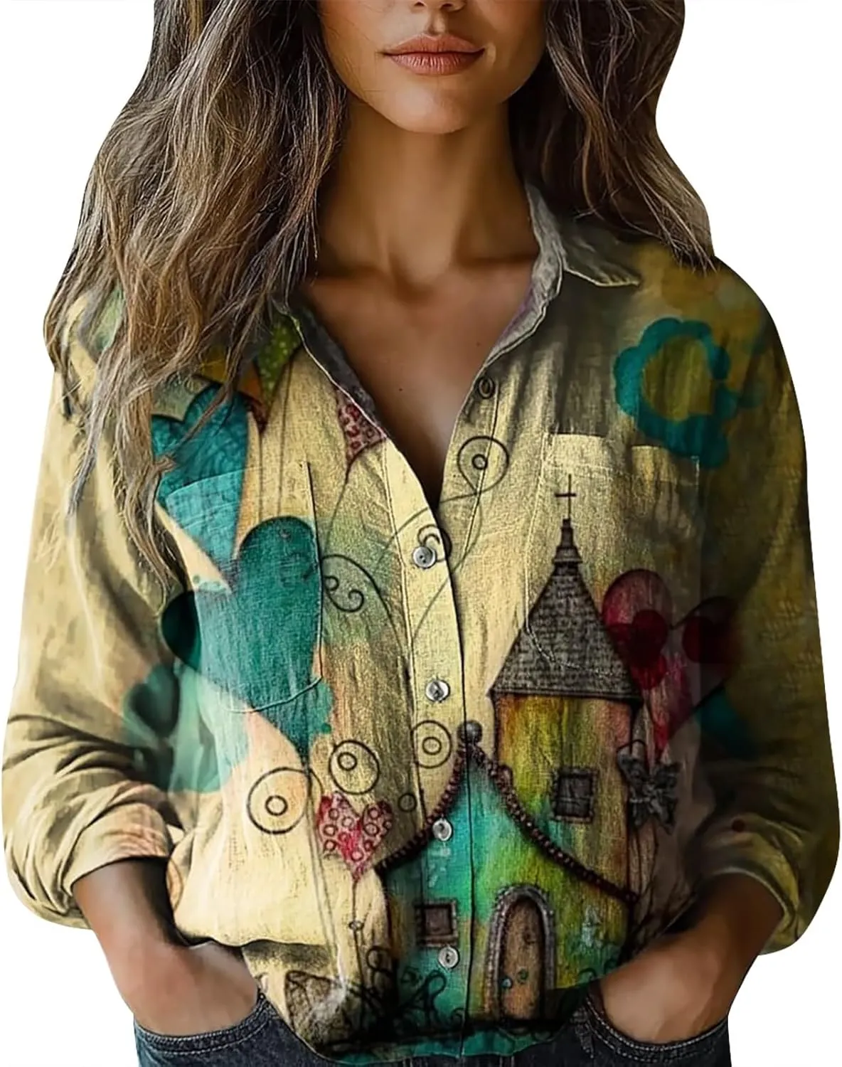 Women's Vintage Floral Print Button Down Shirt Fashion Lightweight Linen Long Sleeve Blouse Boho Ethnic Casual Tops