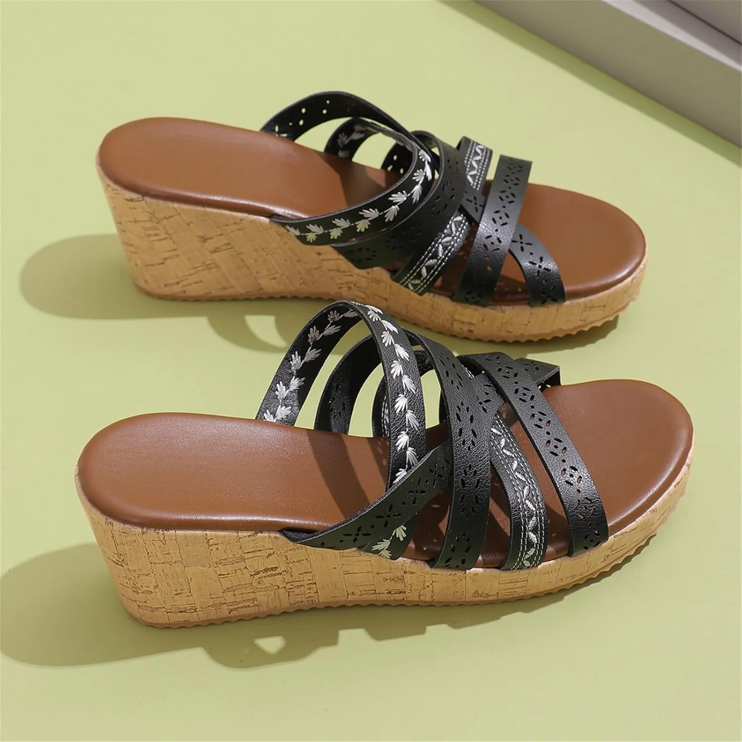Womens Wedge Sandal Open Toe Slip On Crisscross Straps Platform Wedge Sandals Summer Casual Comfortable Resort Walking Shoes