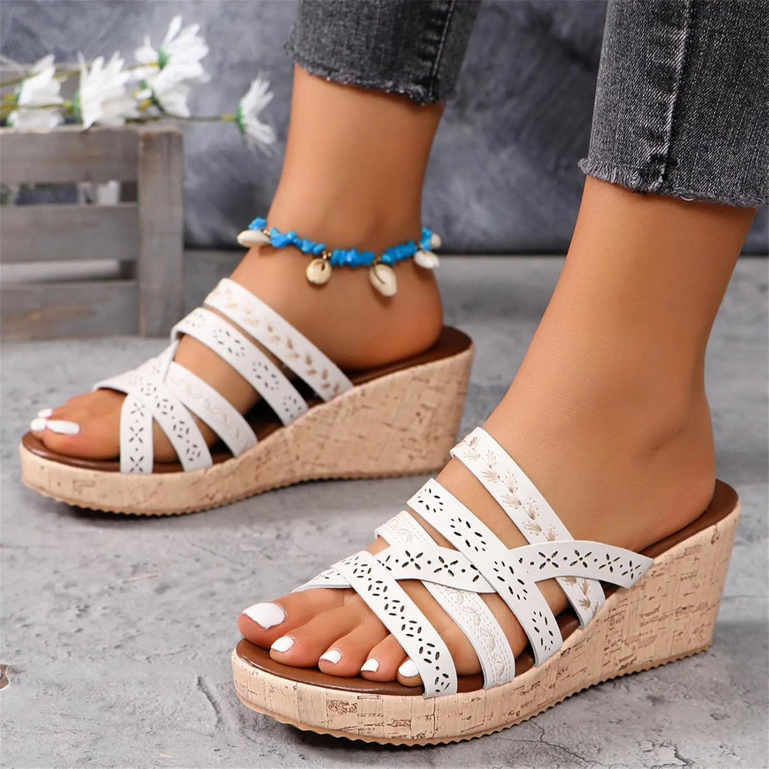 Womens Wedge Sandal Open Toe Slip On Crisscross Straps Platform Wedge Sandals Summer Casual Comfortable Resort Walking Shoes