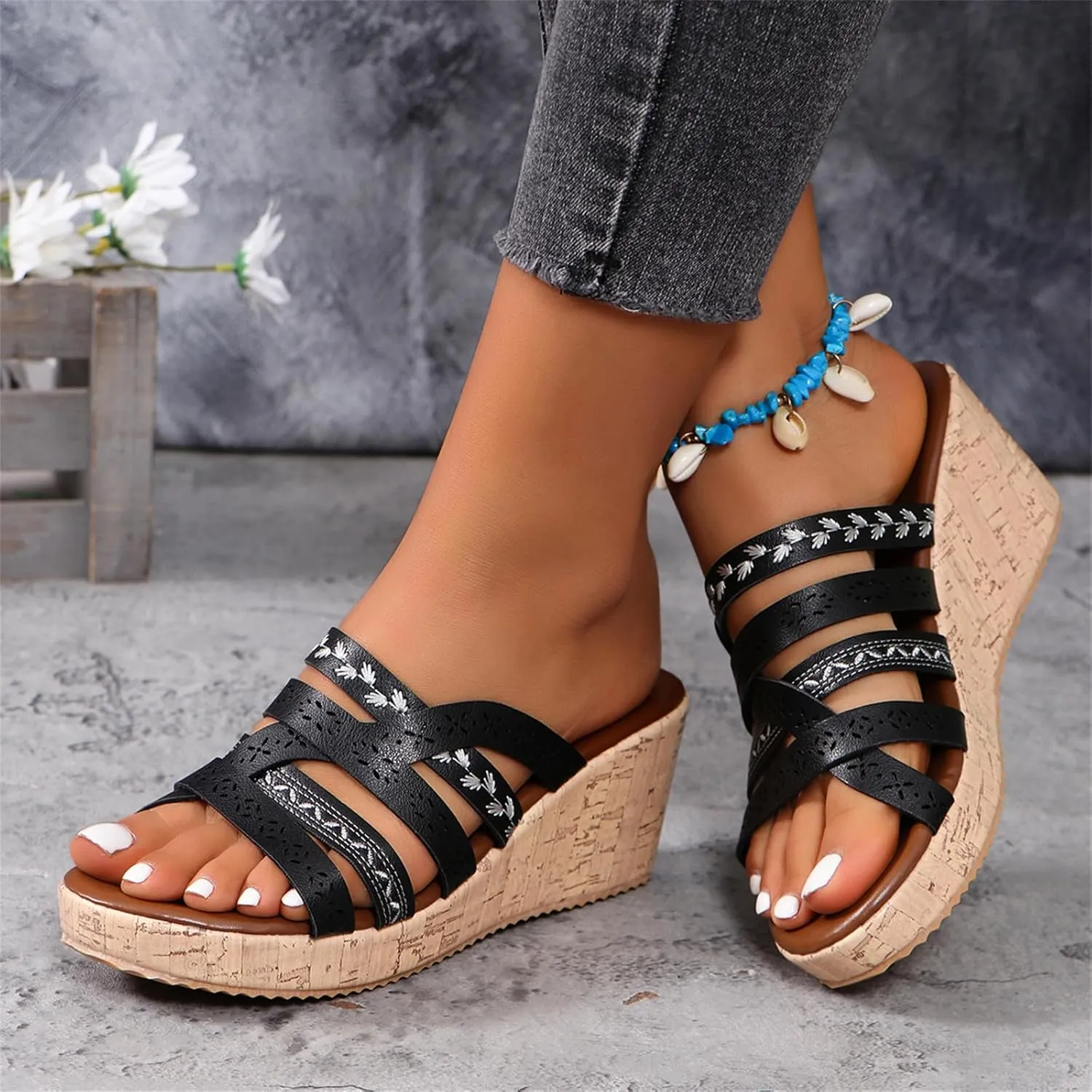Womens Wedge Sandal Open Toe Slip On Crisscross Straps Platform Wedge Sandals Summer Casual Comfortable Resort Walking Shoes