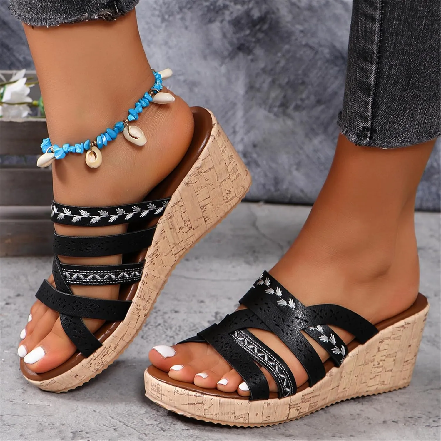 Womens Wedge Sandal Open Toe Slip On Crisscross Straps Platform Wedge Sandals Summer Casual Comfortable Resort Walking Shoes