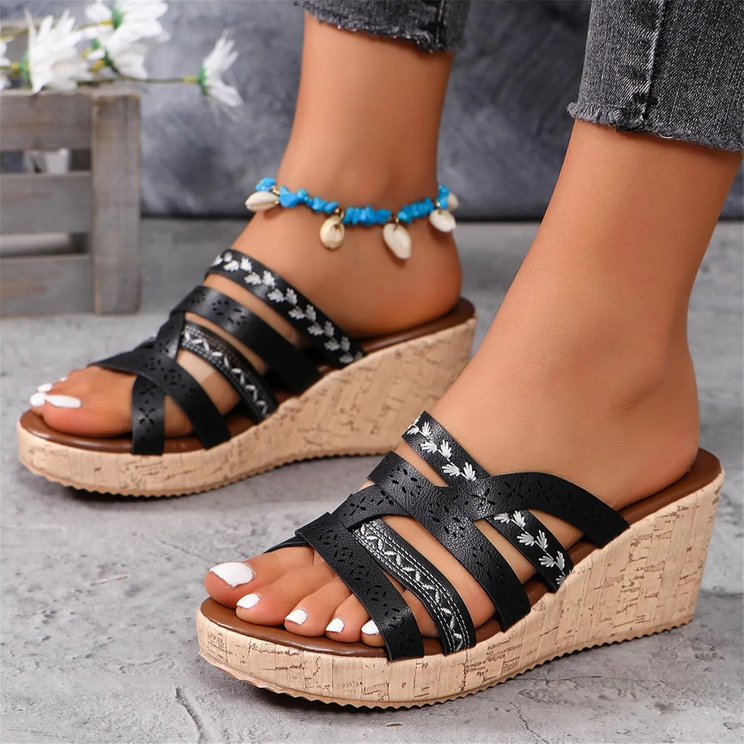 Womens Wedge Sandal Open Toe Slip On Crisscross Straps Platform Wedge Sandals Summer Casual Comfortable Resort Walking Shoes
