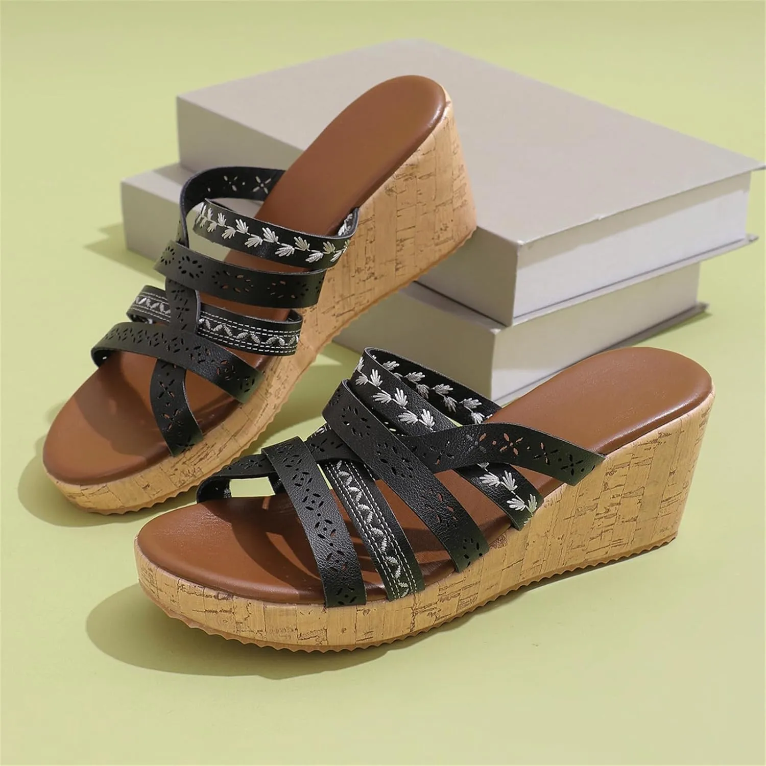 Womens Wedge Sandal Open Toe Slip On Crisscross Straps Platform Wedge Sandals Summer Casual Comfortable Resort Walking Shoes