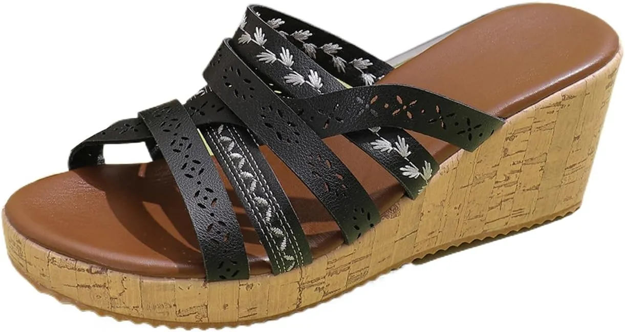 Womens Wedge Sandal Open Toe Slip On Crisscross Straps Platform Wedge Sandals Summer Casual Comfortable Resort Walking Shoes